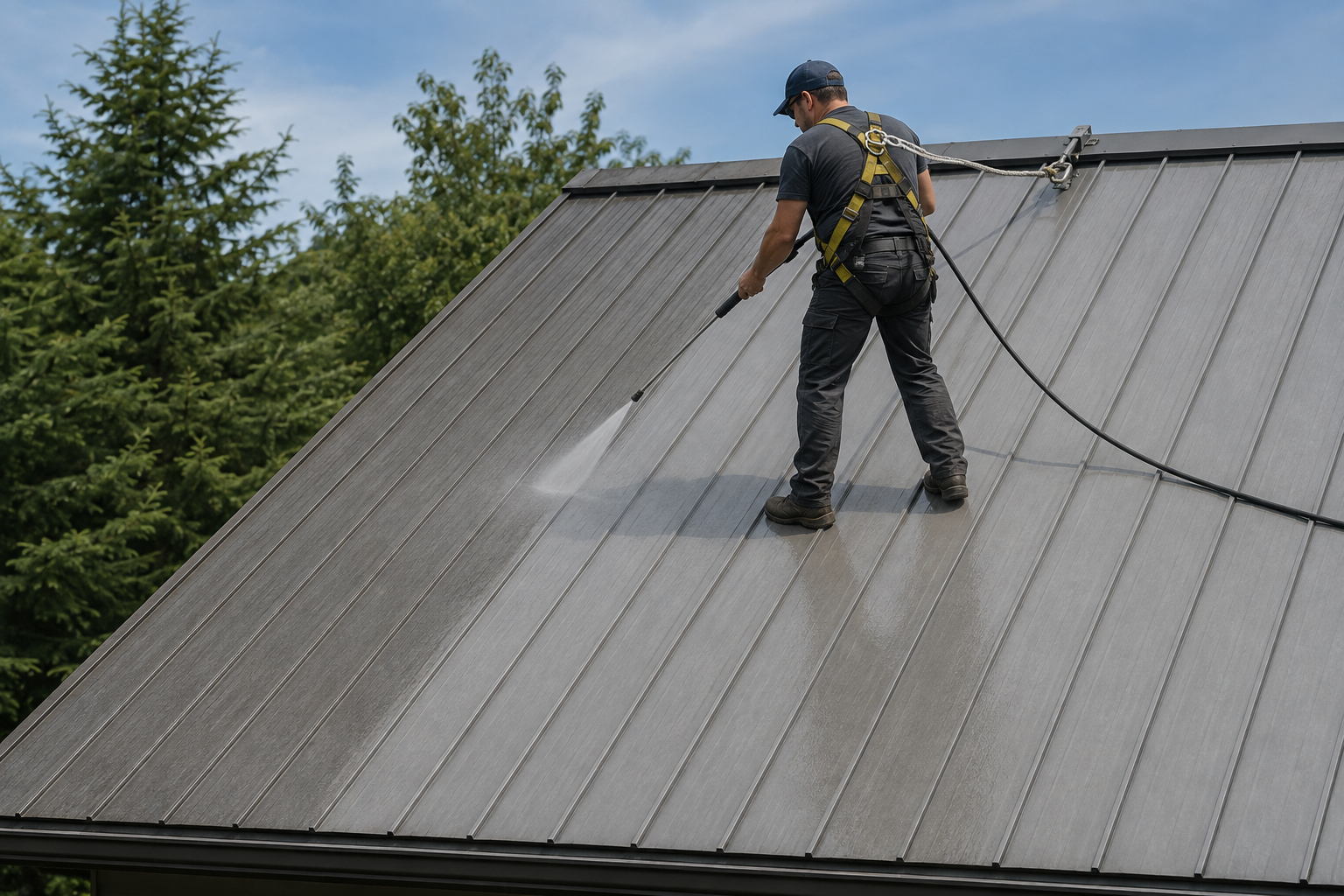 A man wearing a harness and protective gear pressure washing a metal roof.