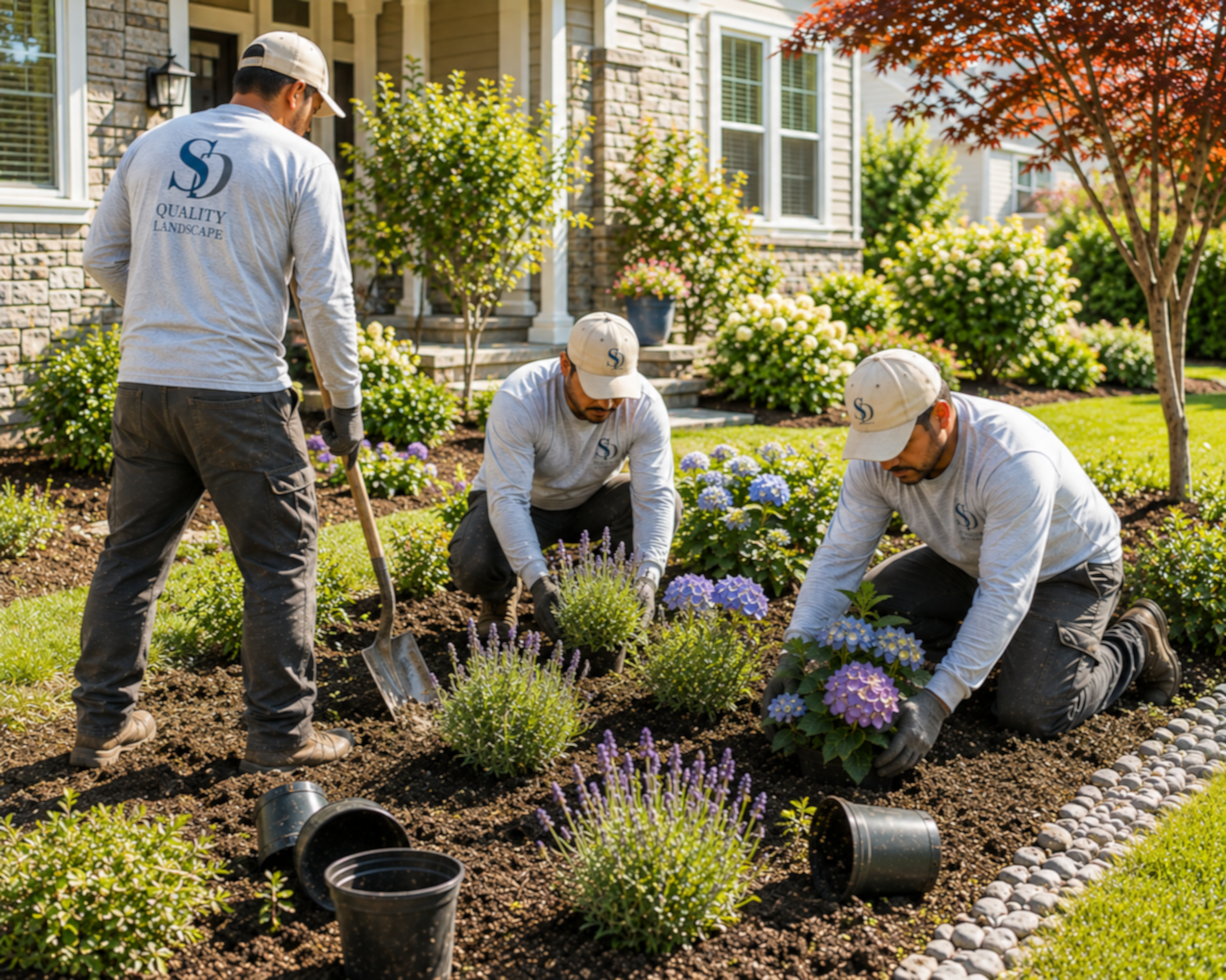 Three landscapers planting flowers in a garden in front of a house.