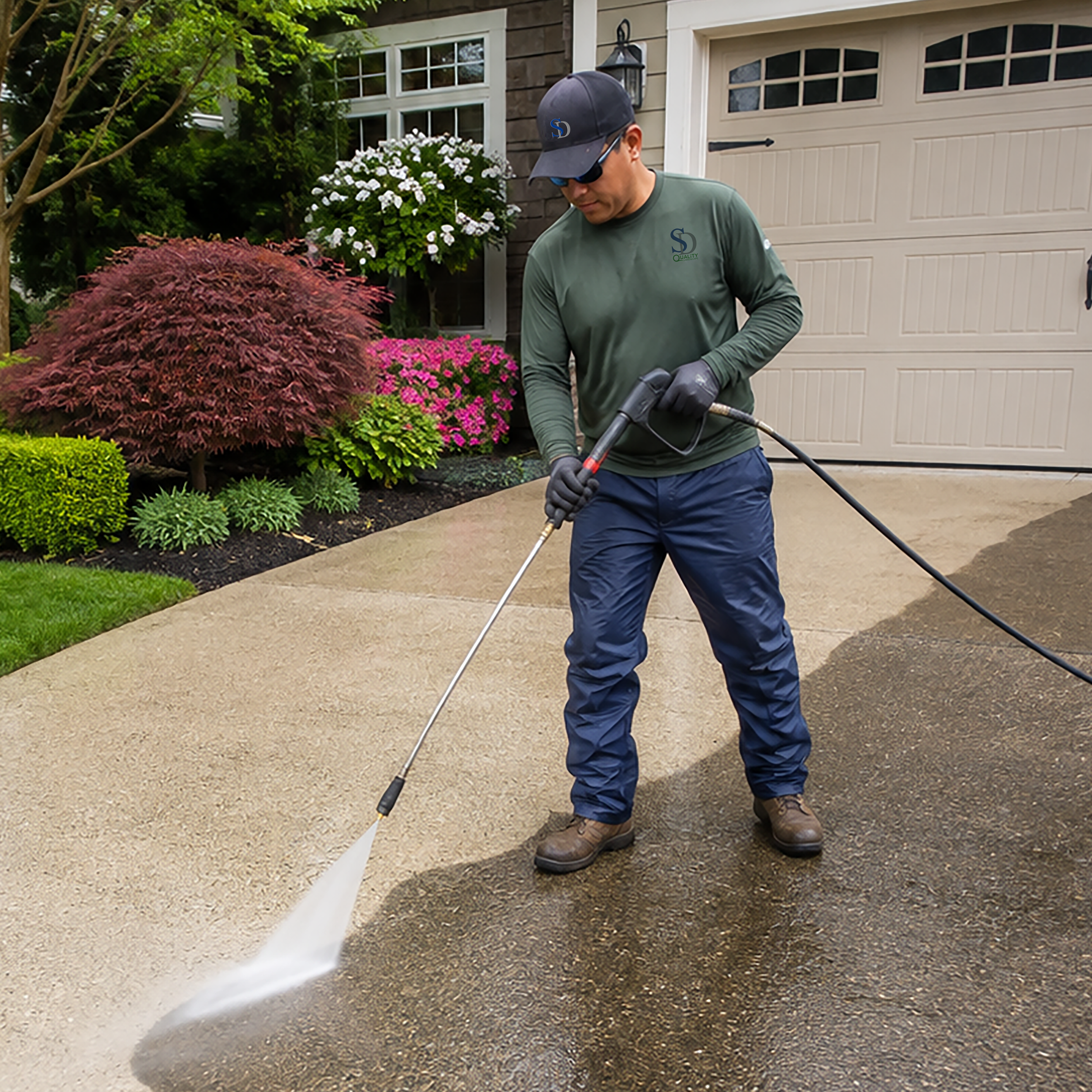 Man with sunglasses, cap, and work gloves using a power washer to clean a driveway in front of a house.