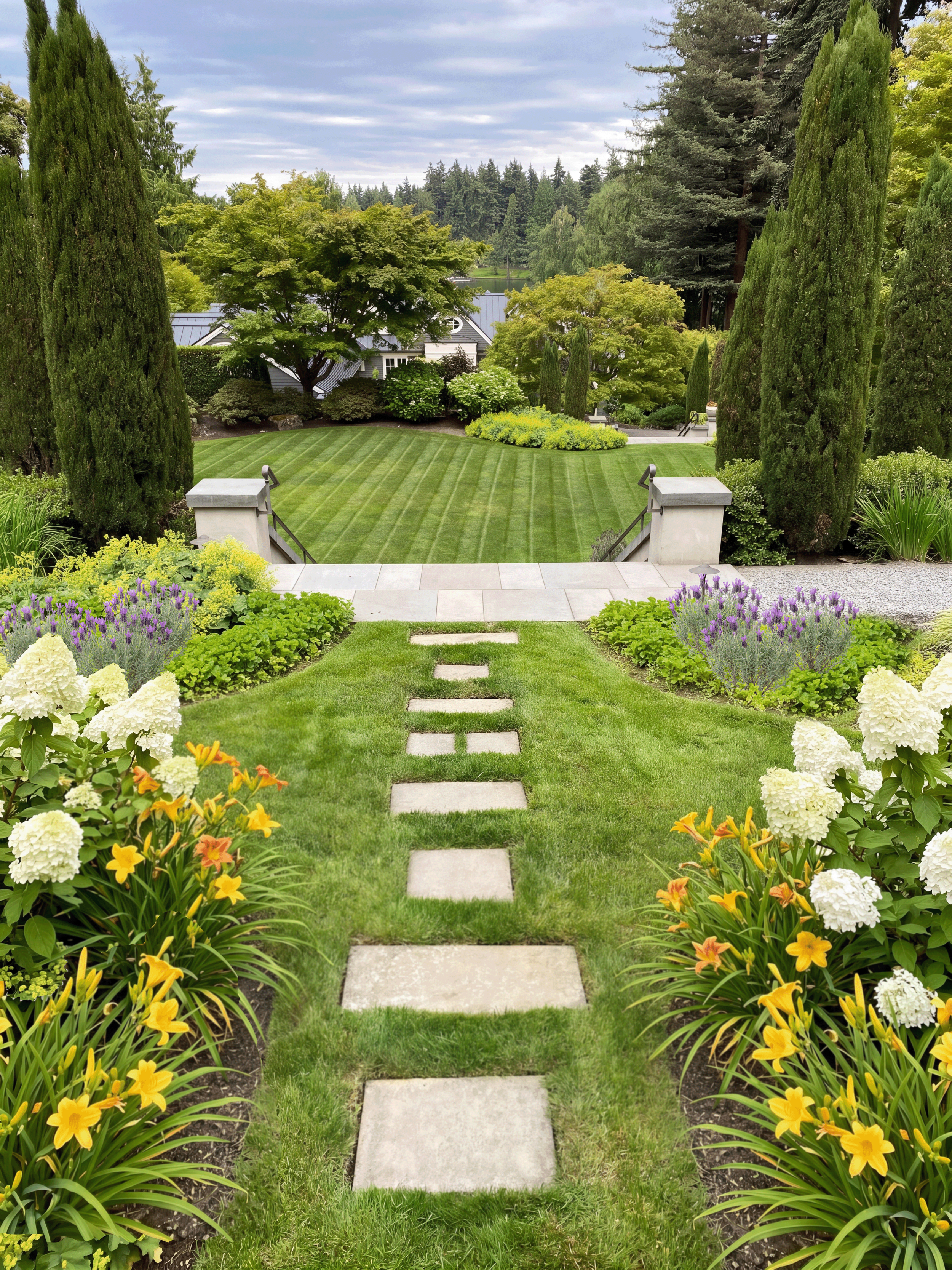 A landscaped garden with a grassy lawn, a stone pathway, and flower beds with yellow and white flowers. Tall evergreen trees and lush bushes surround the area, leading to a patio and house in the background under a cloudy sky.
