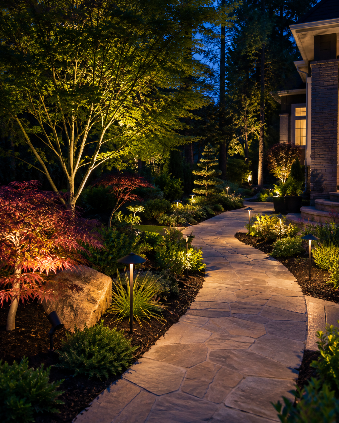 Nighttime view of a landscaped garden with a stone pathway illuminated by pathway lights, surrounded by trees and shrubs, with a house partially visible on the right side.