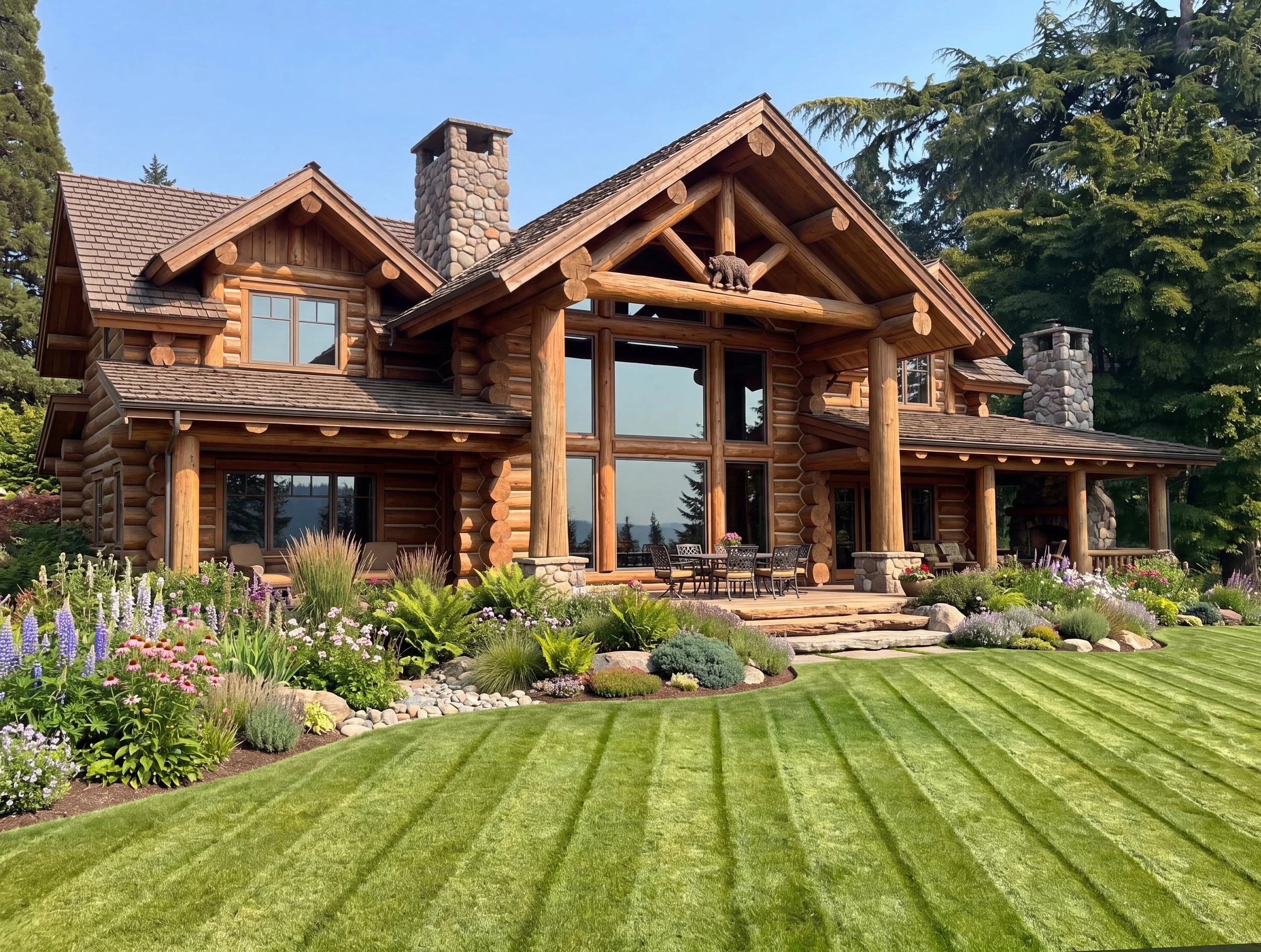 A large log cabin-style house with a stone chimney, multiple windows, a covered porch with outdoor furniture, surrounded by a well-maintained garden with colorful flowers and a neatly mowed lawn, and tall evergreen trees in the background.