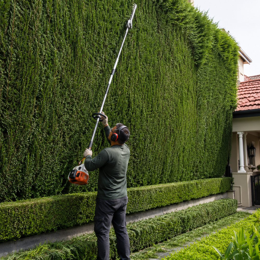 A person trimming a tall hedge with a long-reach hedge trimmer in a residential garden.