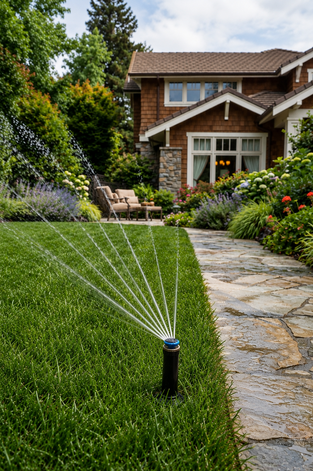 A garden with a sprinkler watering green grass, stone pathway, colorful flowers, shrubs, and a house with brown shingles and large windows in the background.