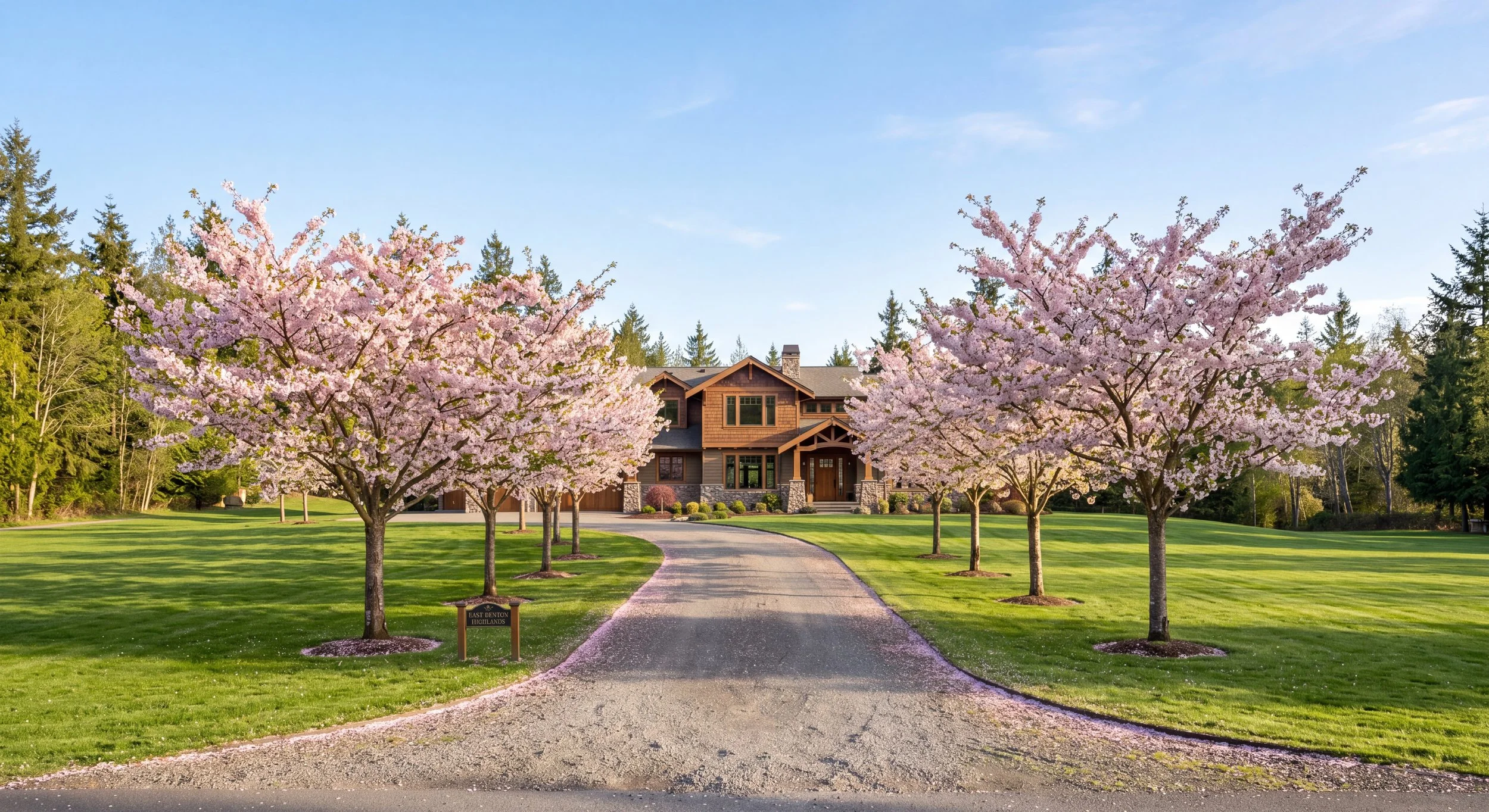 A house surrounded by pink cherry blossom trees on a well-maintained lawn with a paved driveway leading to the house.