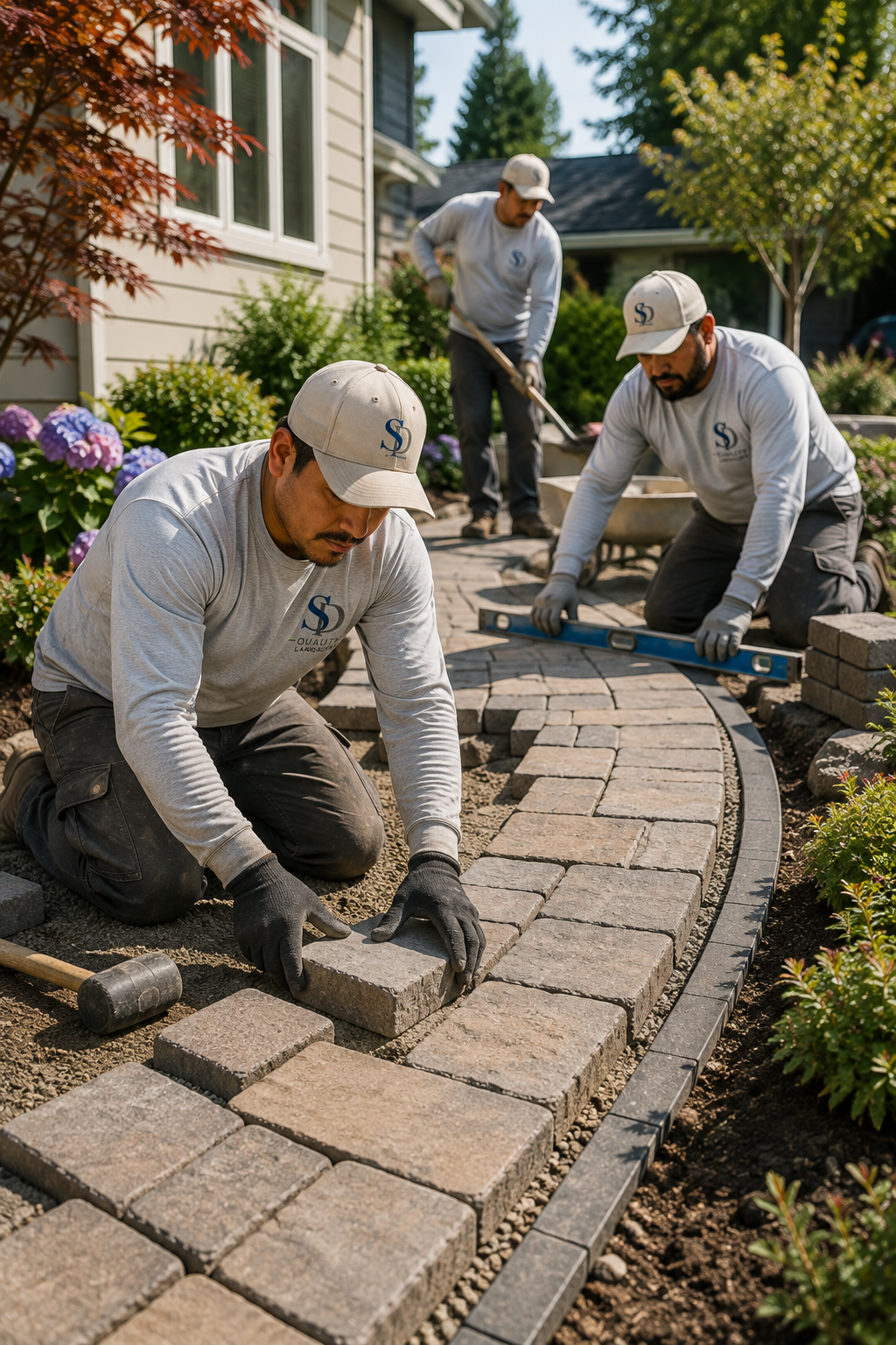 Three workers installing a brick pathway in a garden area with plants and trees, using tools like a level and mallet.