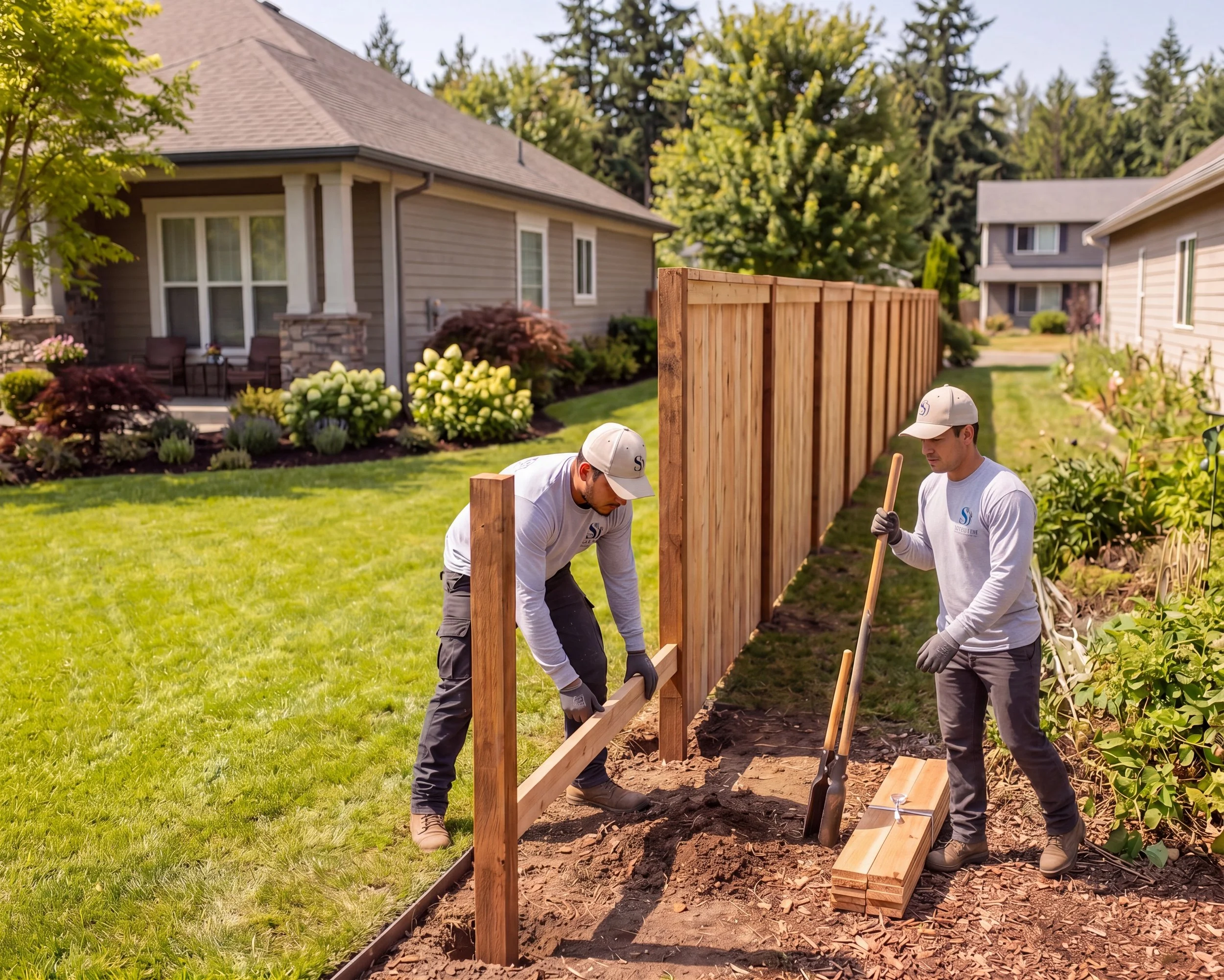 Two men working on framing a new wooden fence in a backyard with a house, trees, and shrubs in the background.