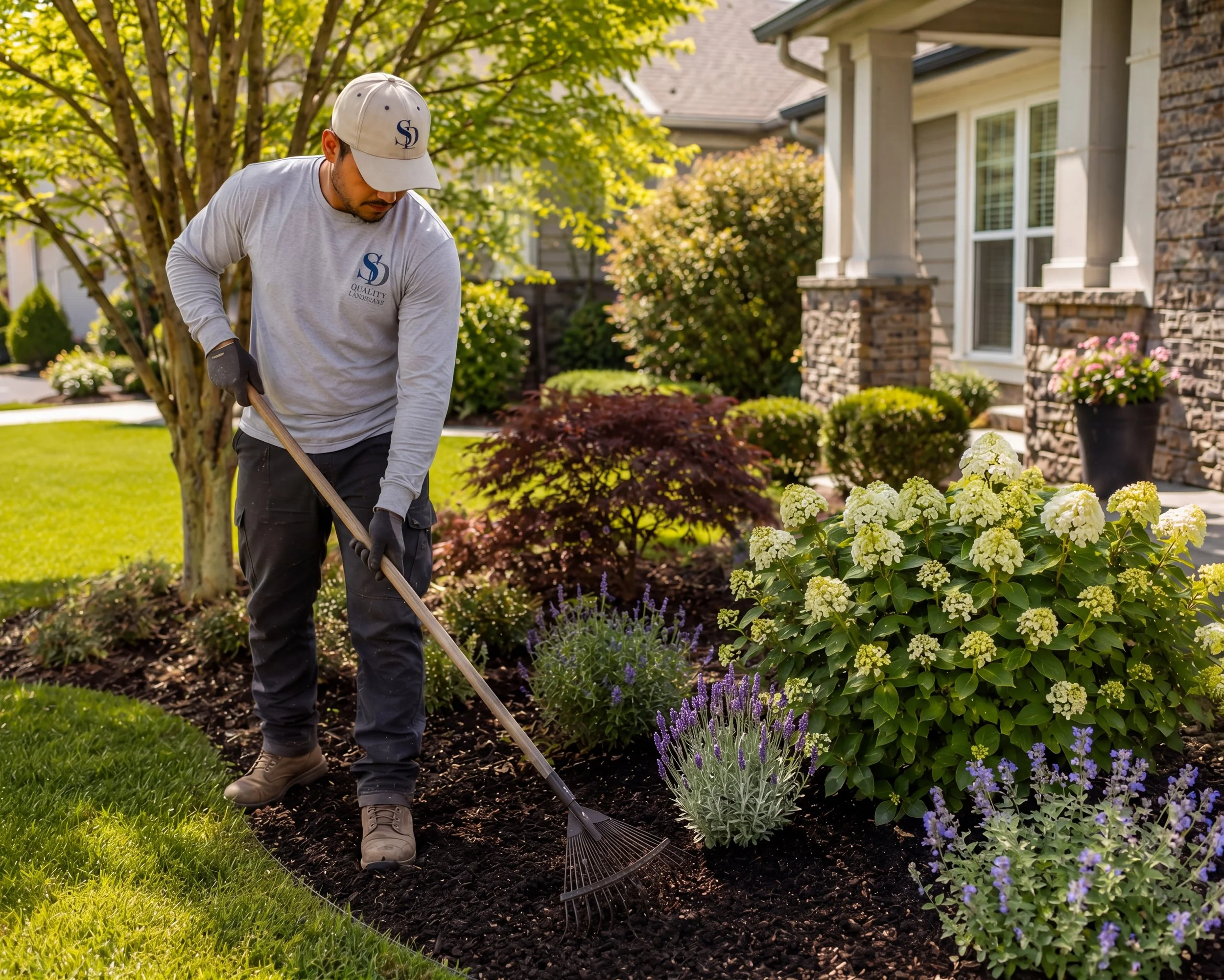 A man wearing a white long-sleeve shirt, beige cap, and black gloves is raking leaves in a neatly landscaped front yard with colorful flower beds, shrubs, and a large tree behind him. A house with stone and siding exterior and white-framed windows is in the background.