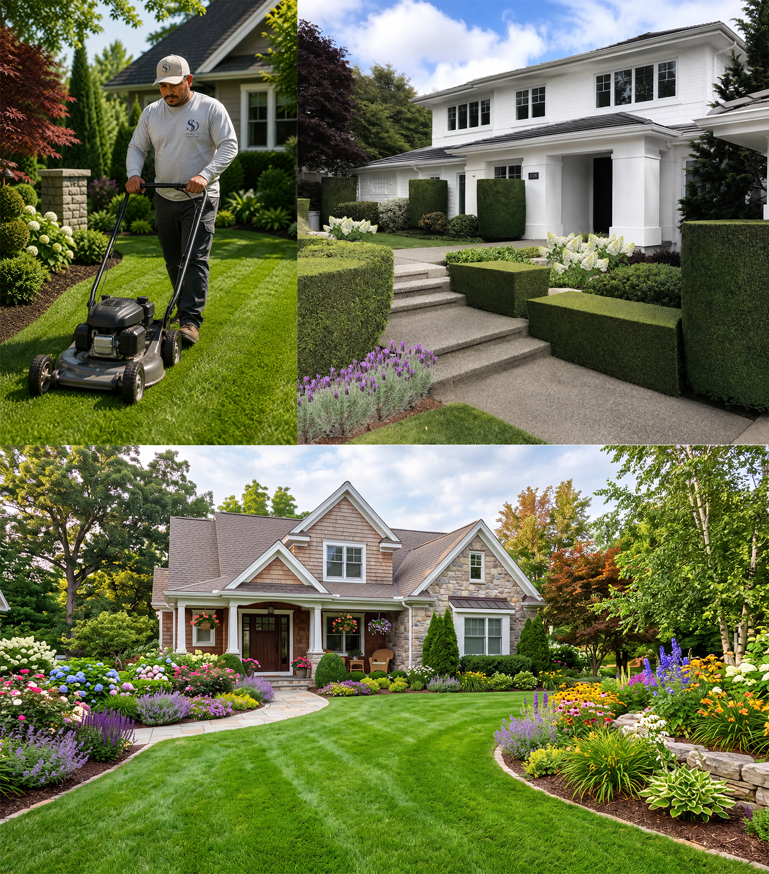 A collage of three images showing different homes and landscaping. The top-left image features a man mowing a lush green lawn in a backyard with trees and shrubs. The top-right image displays the front yard of a modern white house surrounded by neatly trimmed bushes and a staircase leading to the front door. The bottom image shows a large house with a landscaped front yard full of colorful flowers, a well-maintained lawn, and trees, creating a vibrant and inviting appearance.