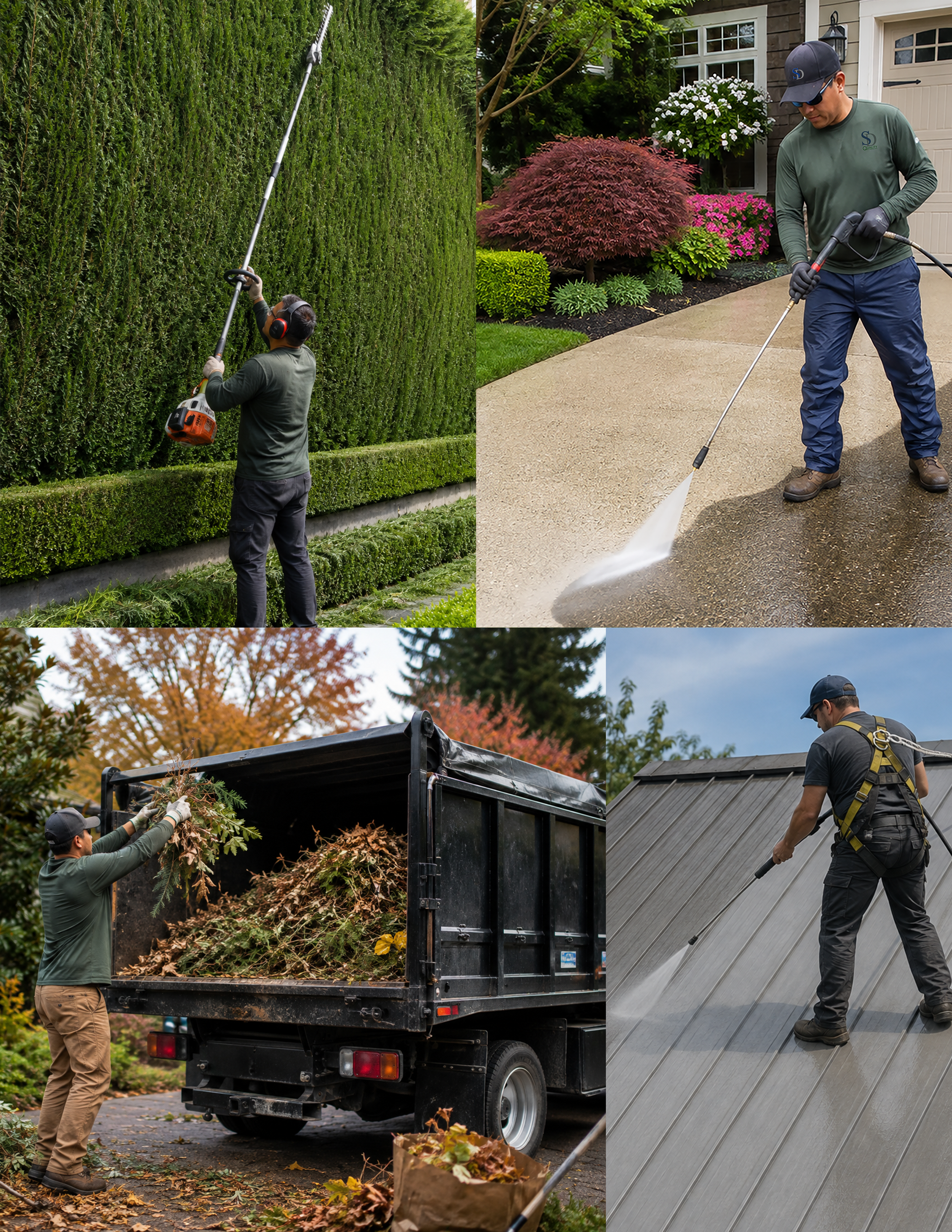 A collage showing four different scenes of men performing landscaping and yard work. In the top left, a man trims a tall hedge with a pole trimmer. In the top right, a man power washes a concrete driveway. In the bottom left, a man loads leaves and branches into a garbage truck. In the bottom right, a man cleans or polishes a metal roof with a long-reach tool.