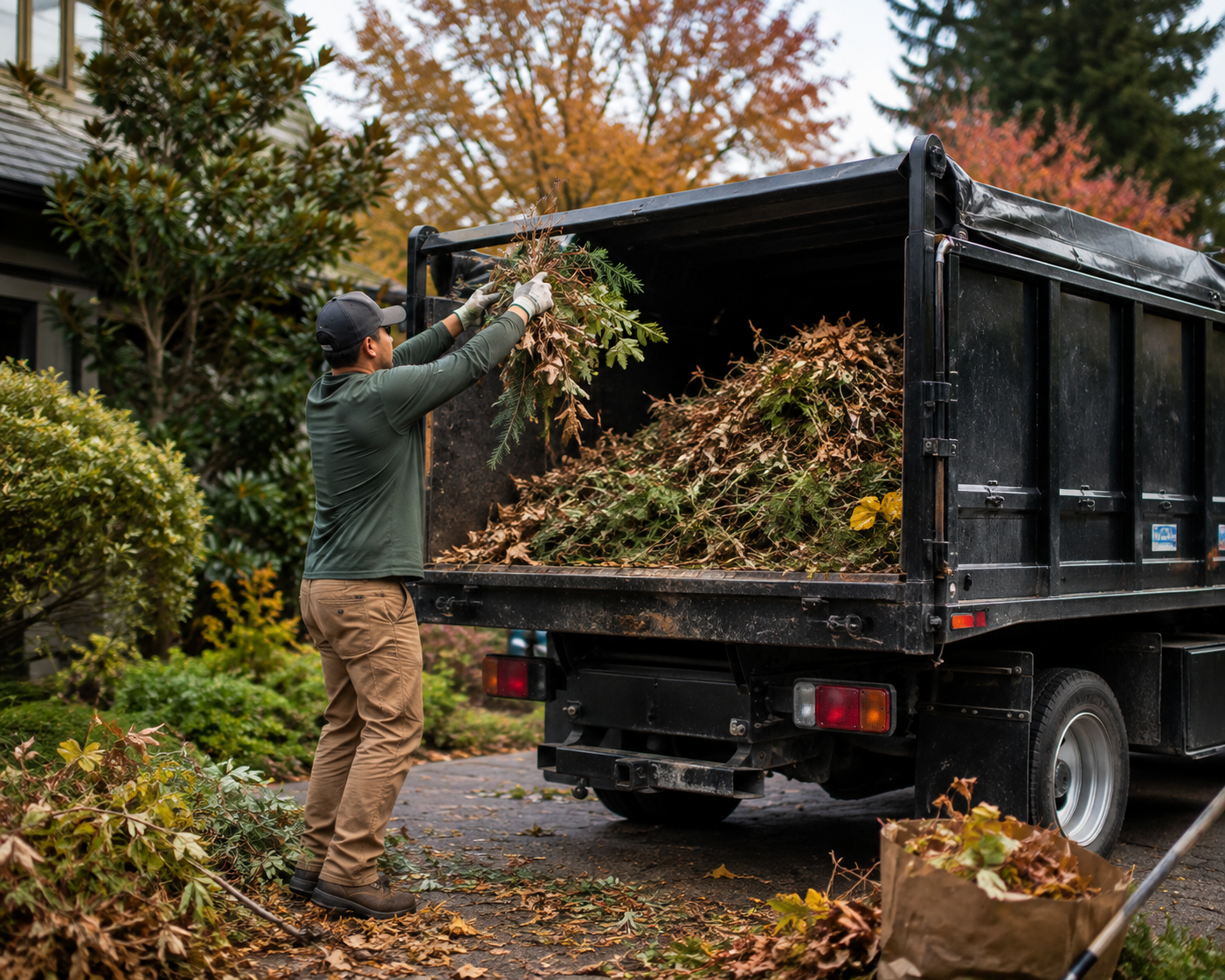 A person wearing a dark cap, green long-sleeve shirt, and khaki pants is lifting branches and leaves into the back of a black truck, surrounded by fallen leaves and trees with autumn foliage.