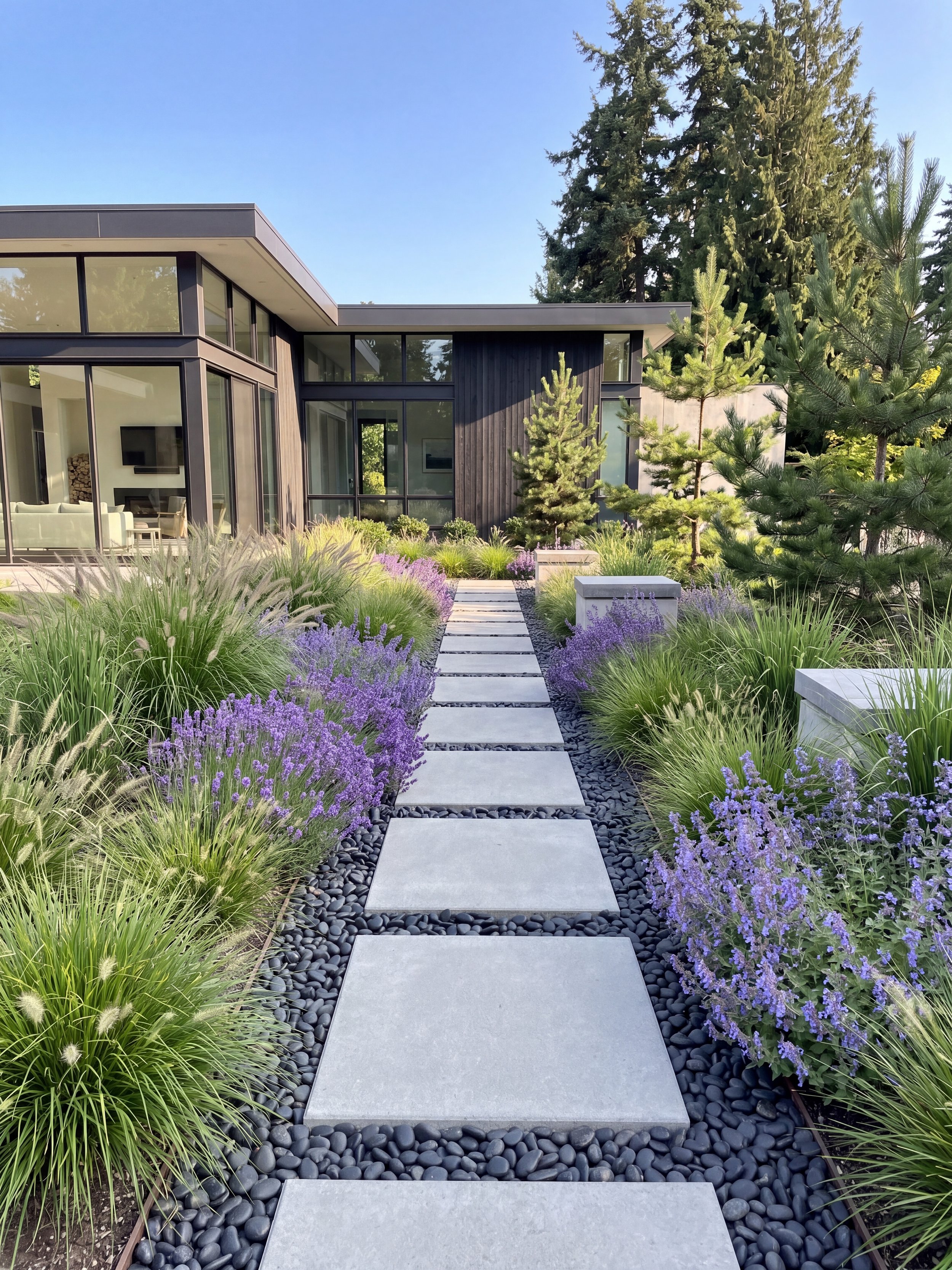 Modern house with large glass windows, surrounded by a landscaped garden with purple flowers, green grasses, and small trees, under a clear blue sky.