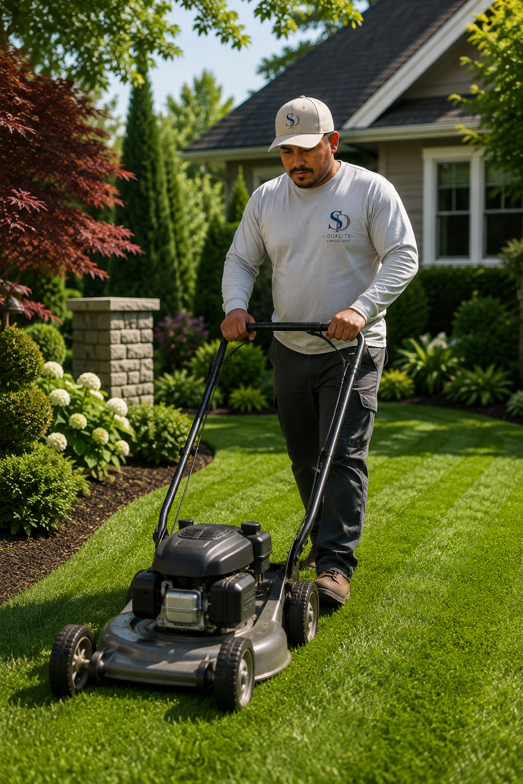 A man is mowing the lawn in a backyard garden with a push lawn mower, surrounded by green plants, trees, and a house in the background.