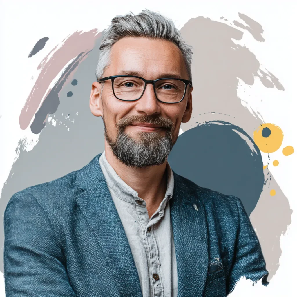 Portrait eines lächelnden alten Mannes mit Brille, grauem Haar und Bart, trägt einen blauen Sakko und ein helles Hemd, vor abstraktem gemalten Hintergrund.