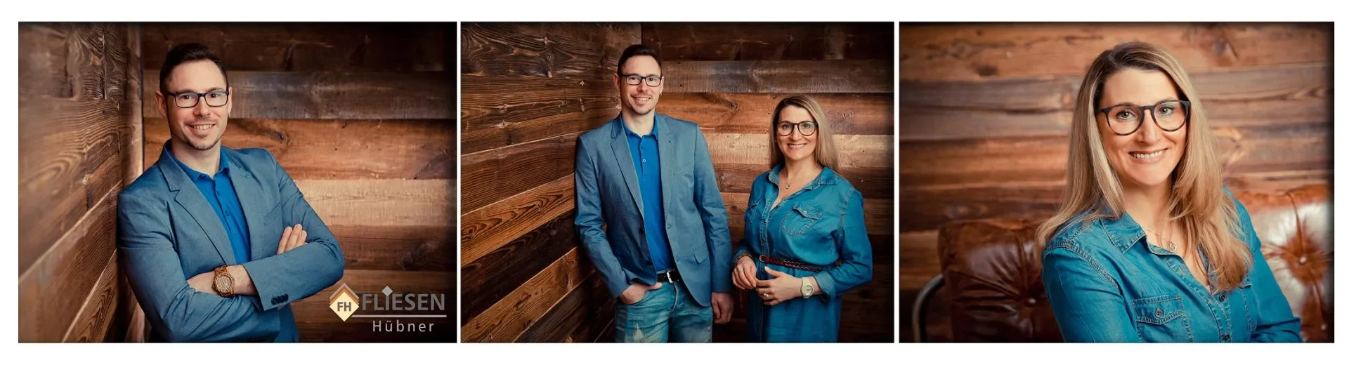 Drei Personen stehen vor einer rustikalen Holz-Wand. Zwei Männer und eine Frau, alle tragen Brillen. Der Mann auf der linken Seite trägt einen blauen Anzug und ein Hemd, die Frau in der Mitte trägt eine Jeansjacke, und der Mann in der Mitte trägt ein