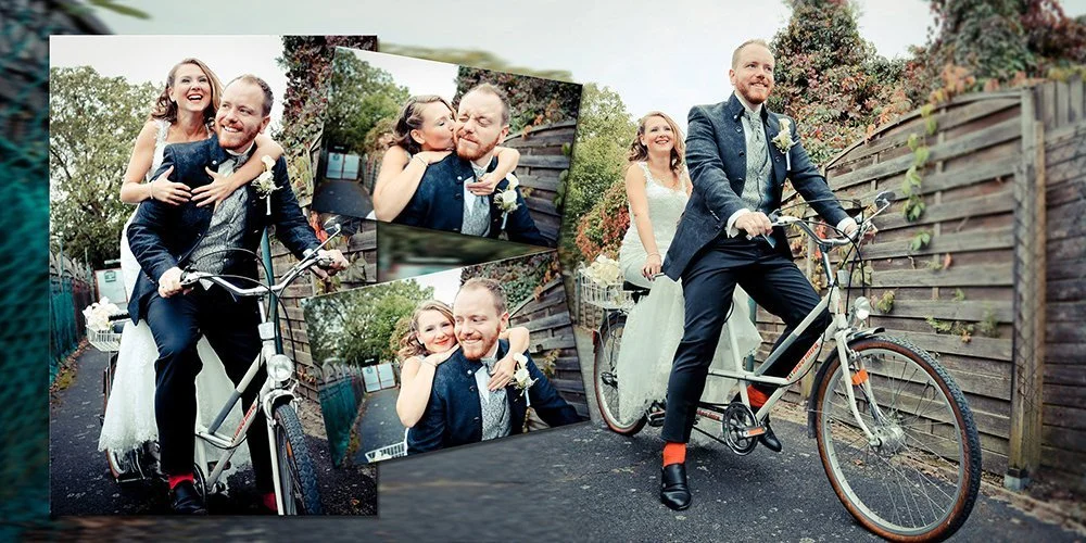 Ein Brautpaar bei ihrer Hochzeitsfotografie, das fotografiert wird. Das Paar ist glücklich und trägt formelle Kleidung, die Frau trägt ein weißes Brautkleid, der Mann einen dunklen Anzug. Es gibt Bilder in verschiedenen Posen, das Paar steht vor eine