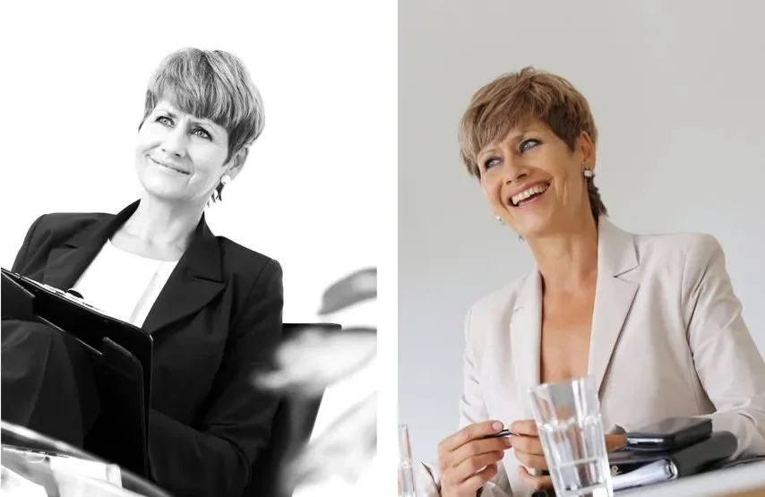 Zwei Fotos einer Frau, links in schwarz-weiß, rechts in Farbe, lachend und in einem Business-Outfit bei einer Kaffeepause