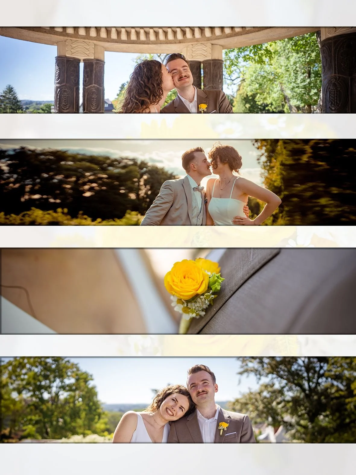 Fotos von Hochzeitsmomenten mit Paaren und Blumenast, aufgenommen im Freien an sonnigen Tagen.
