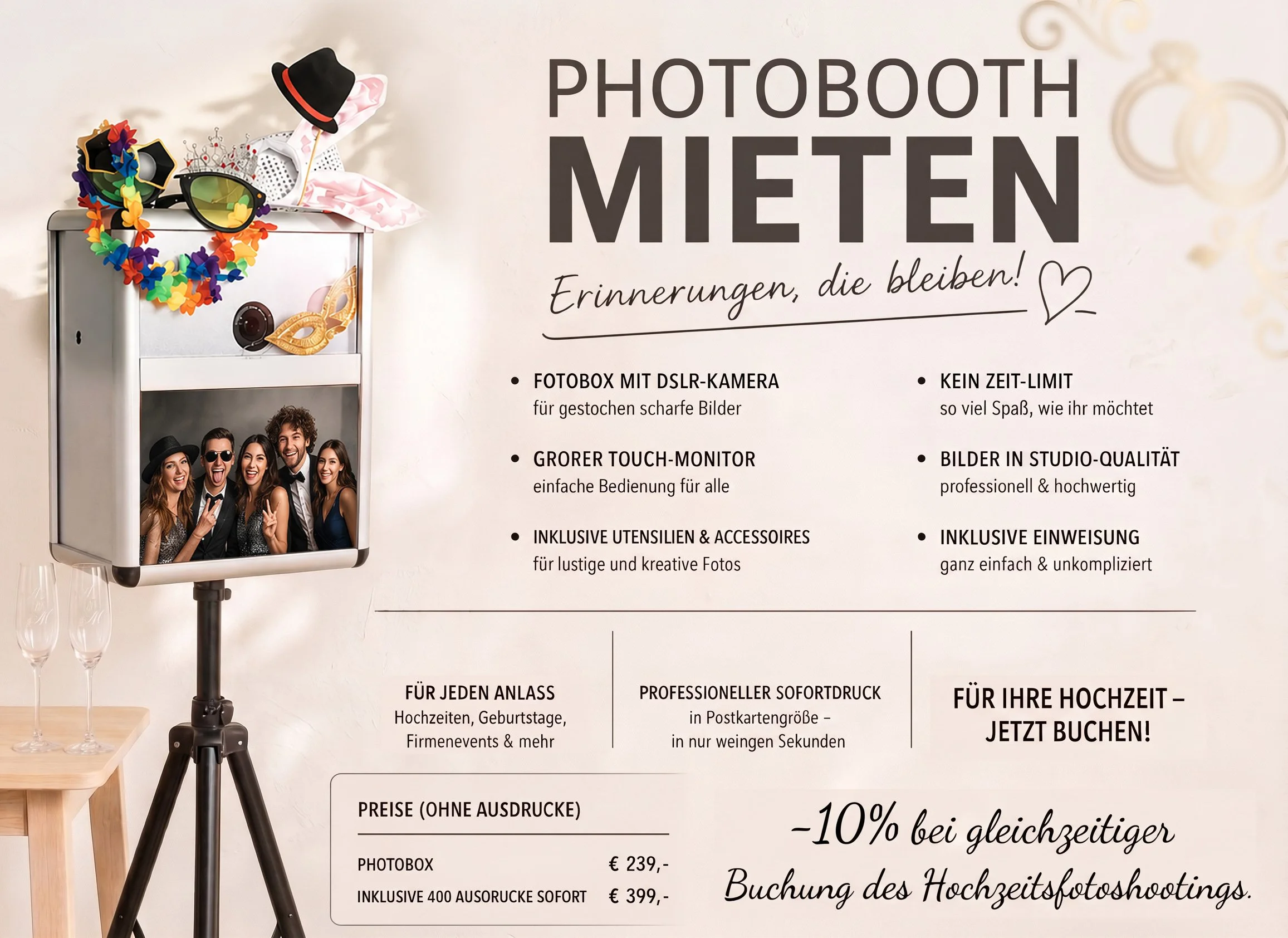 Ein Fotobooth mit dem Text 'Photobooth mieten' und Angeboten für Hochzeitsfotografie in Darmstadt, inklusive Instrumenten und Accessoires, mit einem Foto von lachenden jungen Erwachsenen im Hintergrund.