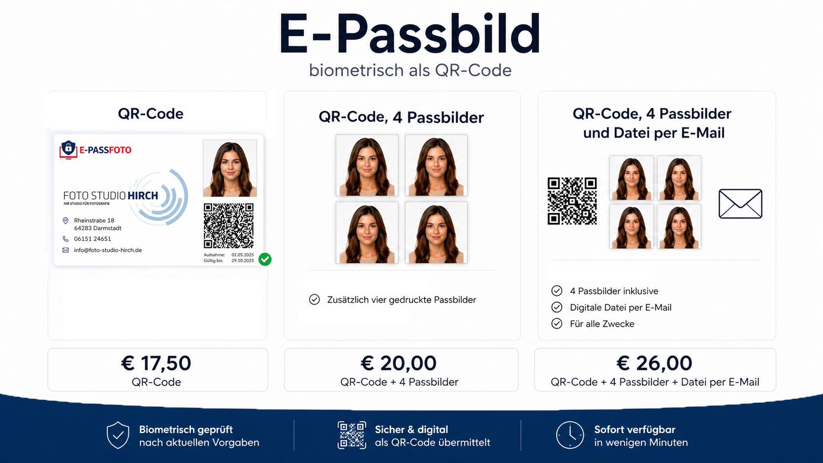 Grafische Übersicht über verschiedene elektronische Personalausweis-Optionen, einschließlich QR-Code-basierter Identifizierung, Preisinformationen und die Vorteile wie biometrische Überprüfung und digitale Übertragung.