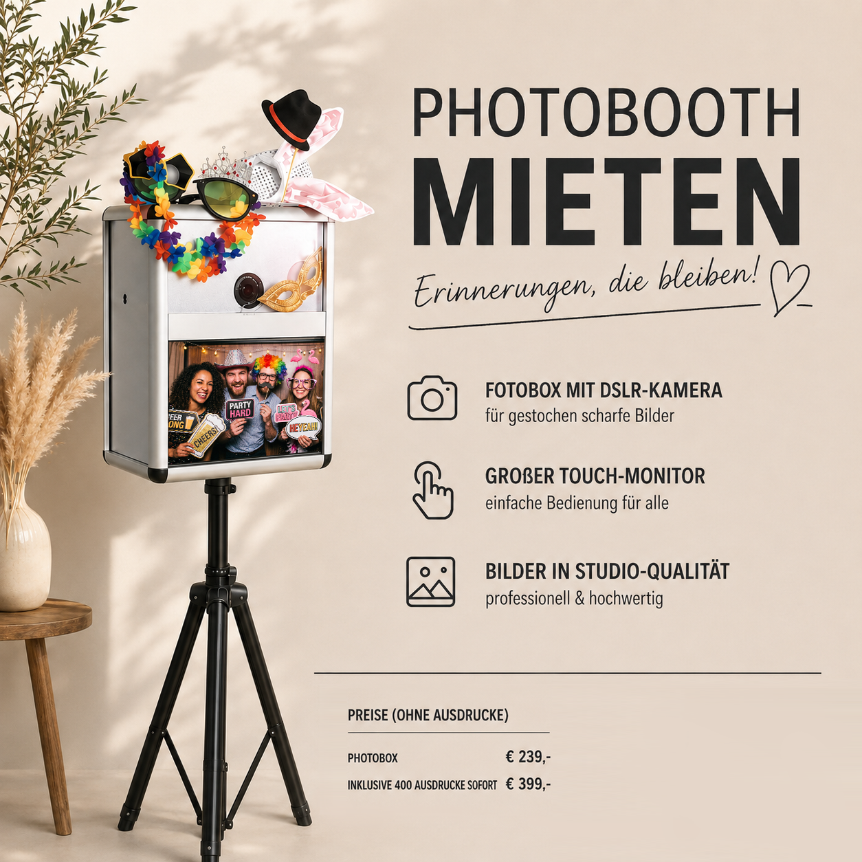 Fotobox auf einem Stativ mit Requisiten wie Hut, Sonnenbrille, Perücke und Masken, und einem Foto von lachenden Personen, daneben ein Poster mit Informationen zum Mieten einer Photobooth in Darmstadt inklusive Preisangaben.