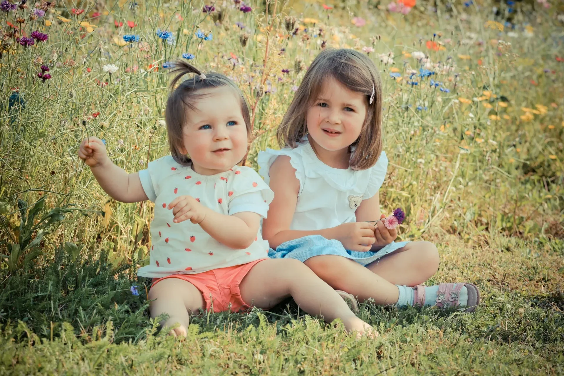 Zwei Kinder sitzen im Blumenfeld und halten Blumen in den Händen.