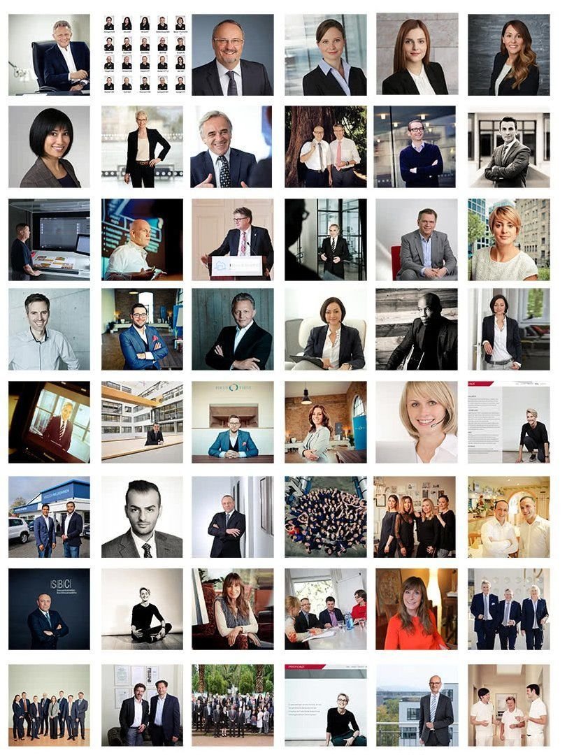 Verschiedene professionelle Porträt- und Gruppefotos von Männern und Frauen in Büroumgebungen, bei Meetings und Veranstaltungen.