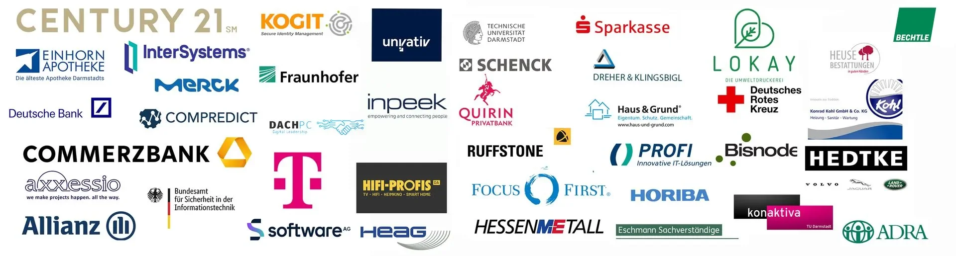 Referenzkunden Eine Sammlung von Unternehmens- und Organisation Logos auf einer weißen Hintergrund, darunter CENTURY 21, KOGIT, UNATIV, Sparkasse, Merck, CompreDict, Deutsche Bank, Allianz, HEDTKE, und viele mehr.