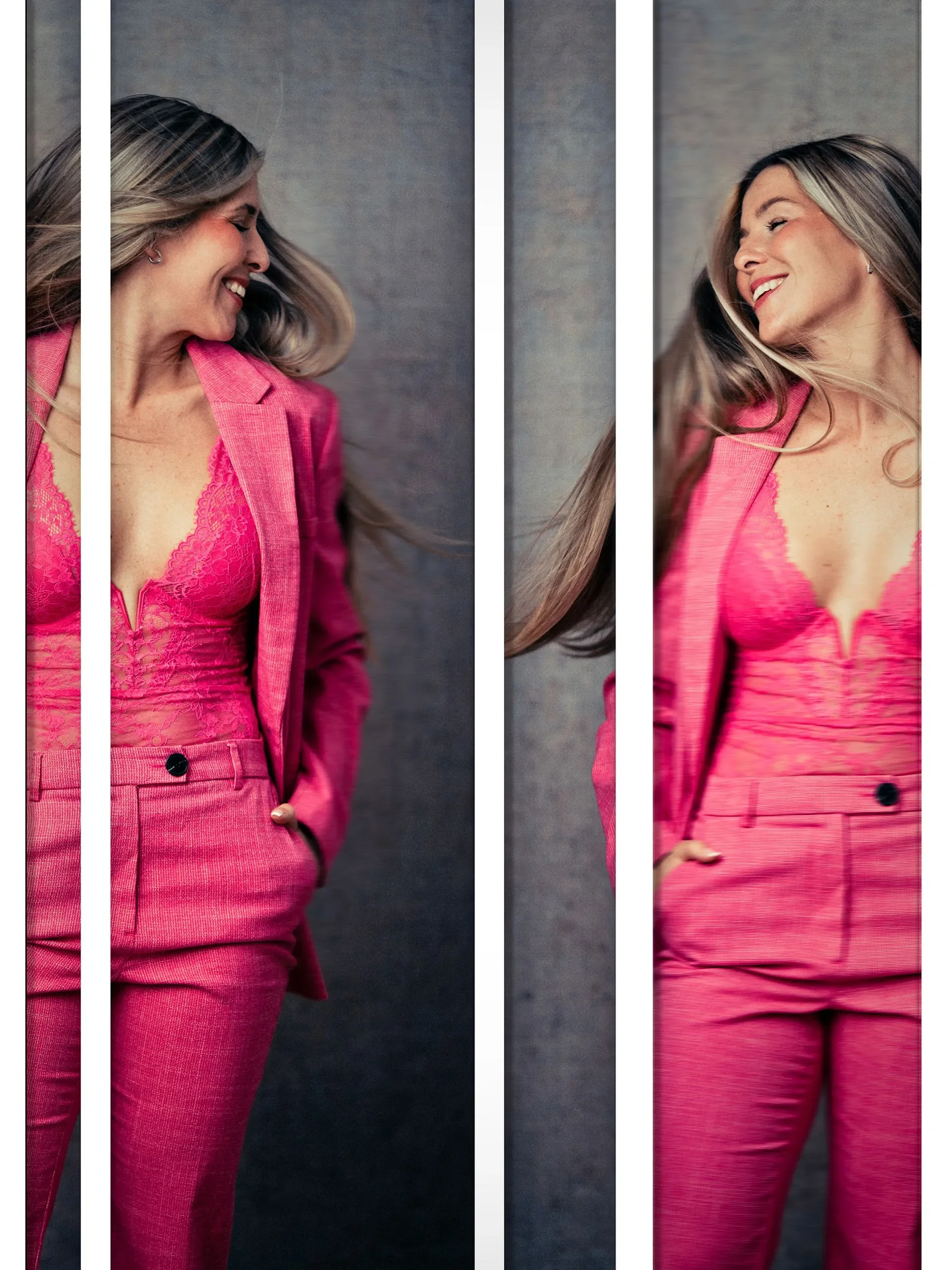 Portrait Bild - Frau in pinkem Anzug und Top, lächelnd, in zwei Frames, mit langem, grauem Haar, im Gespräch oder bei einem Fotoshooting.