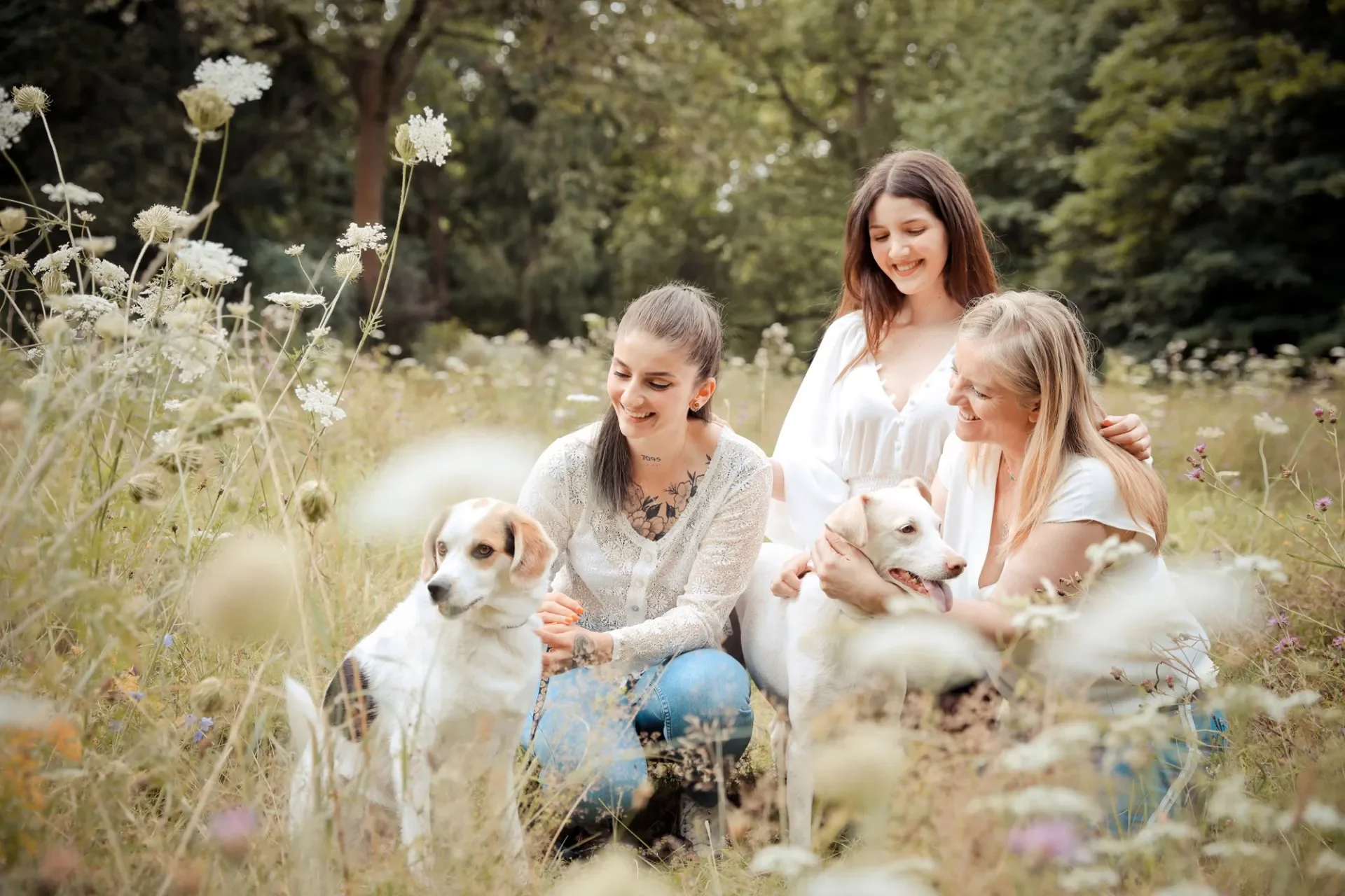 Drei Frauen sitzen in einer Wiese mit weißen und lila Blumen, umgeben von Bäumen, während sie mit sechs weißen Hunden spielen.