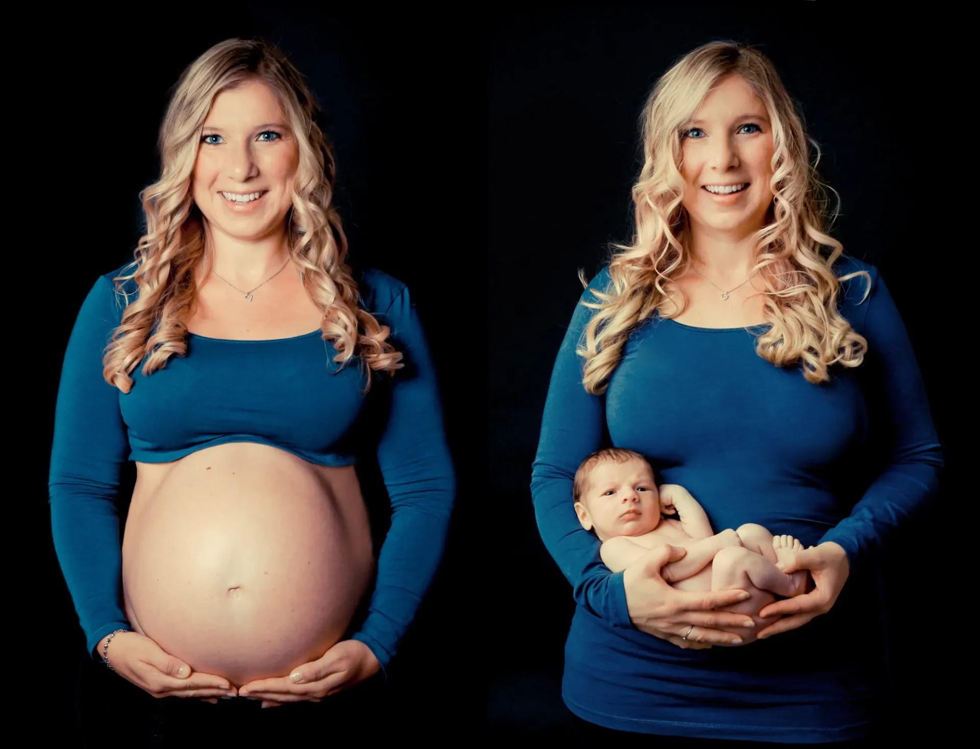 Eine Frau, erst einmal mit Babybauch auf der linken Seite und rechts dann dieselbe Frau nur mit dem Neugeborenen Baby auf der Arm. Der Hintergrund ist schwarz.