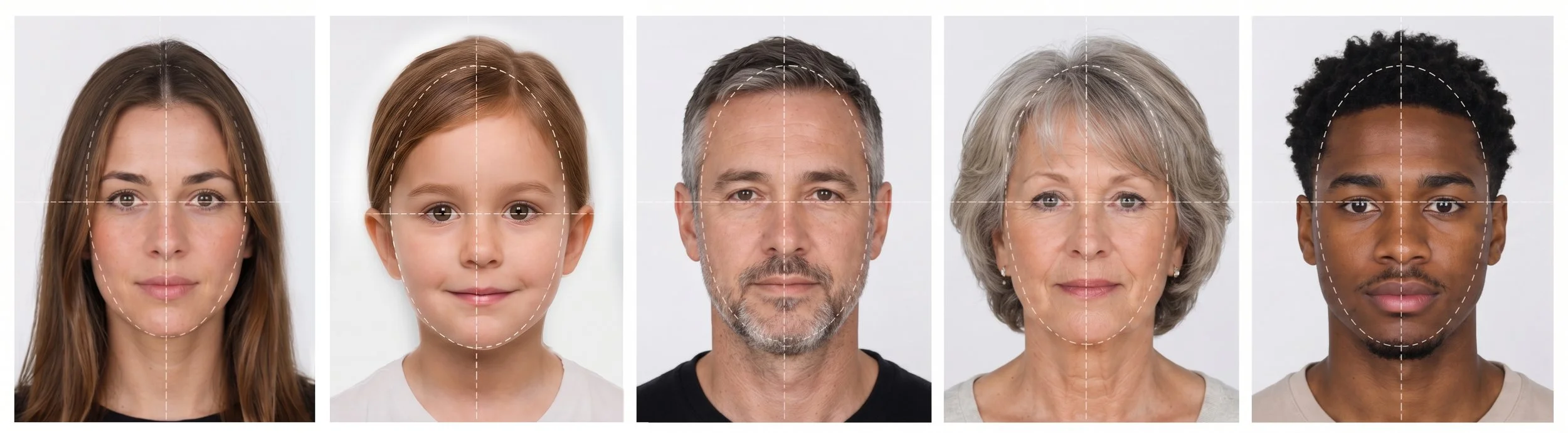 Von links nach rechts: eine junge Frau, ein junges Mädchen, ein Mann, eine ältere Frau und ein junger Mann, alle frontal fotografiert mit Gesichtslinien und Markierungen. Beispielbilder für biometrische Passbilder im zertifizierten Fotostudio.