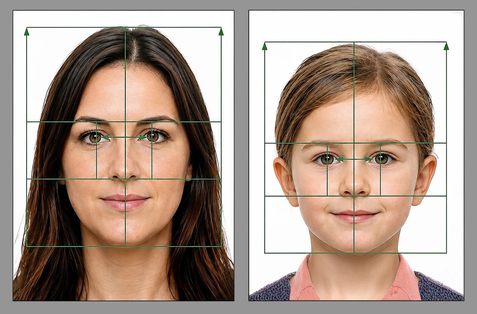 Zwei Porträts, eine junge Frau links und ein junges Mädchen rechts, beide mit grünen Linien für Augen- und Gesichtsproportionen, auf weißem Hintergrund. Sie sind Beispiel für biometrische Passbilder die im zertifzierten Fotostudio erstellt wurden