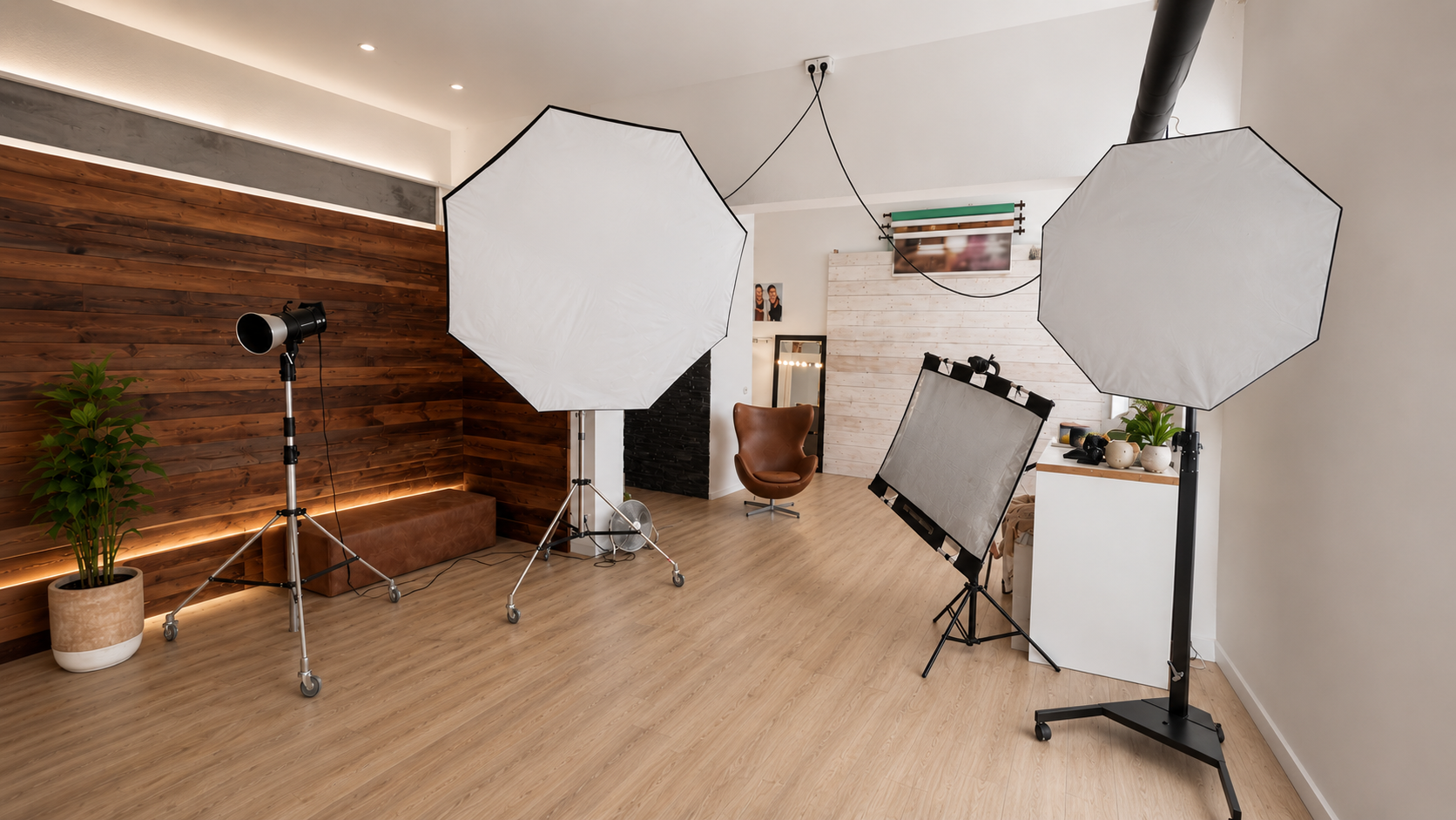 Fotostudio mit professioneller Beleuchtung, Kamera, Hintergrund und Pflanzen