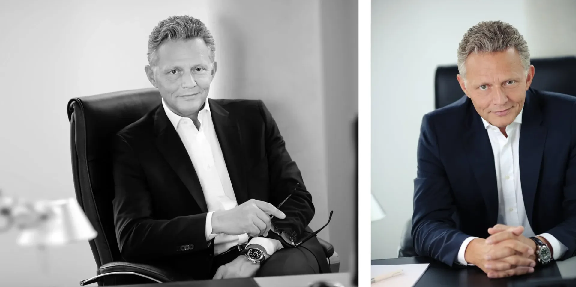 Vergleich eines schwarz-weißen und eines farbigen Porträts eines Mannes im Büro. Der Mann trägt einen Anzug und sitzt an einem Schreibtisch.