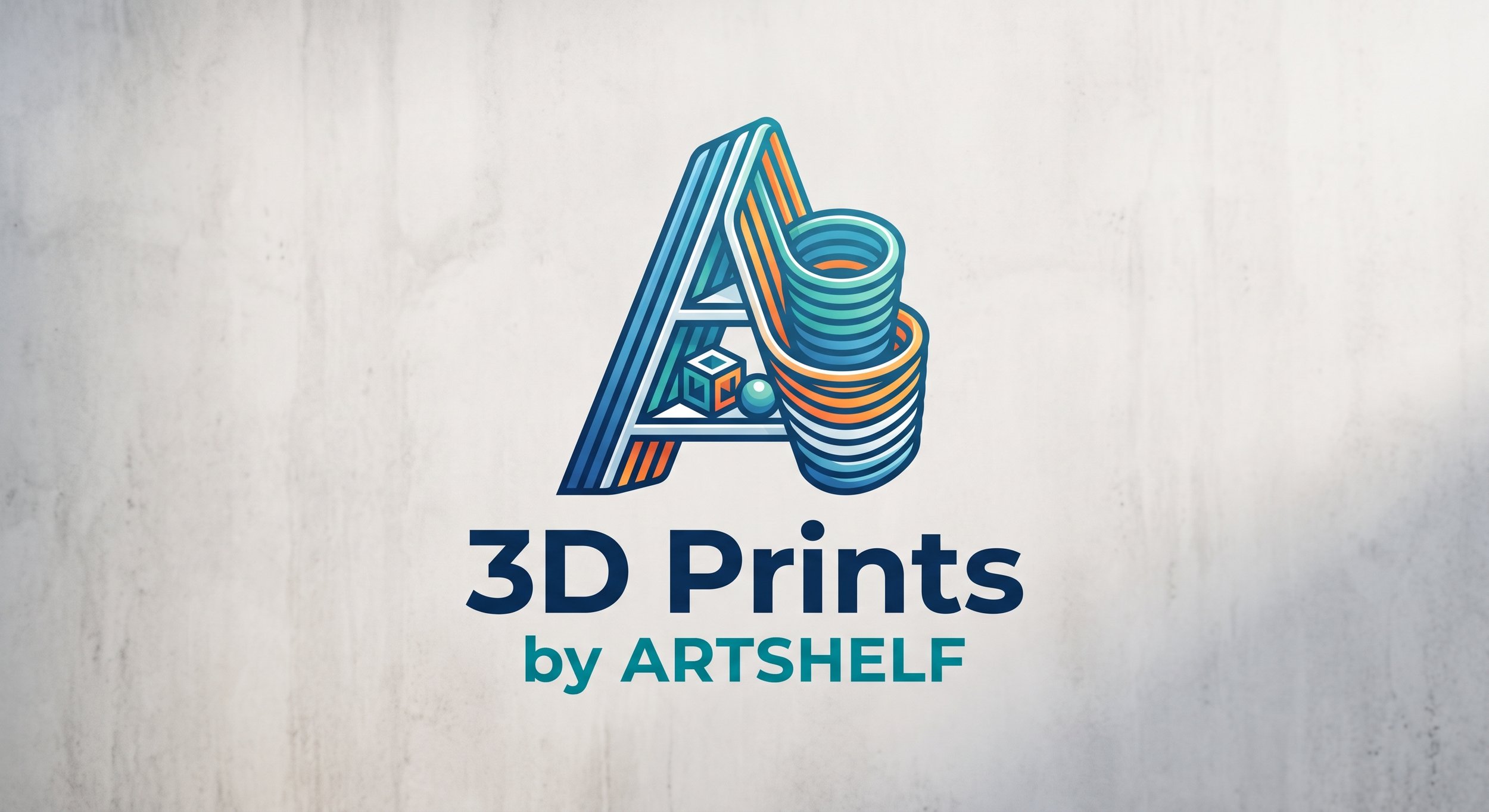 Logo for 3D Prints by ARTSHELF featuring a stylized capital A made of colorful, layered 3D-printed rings and geometric shapes.