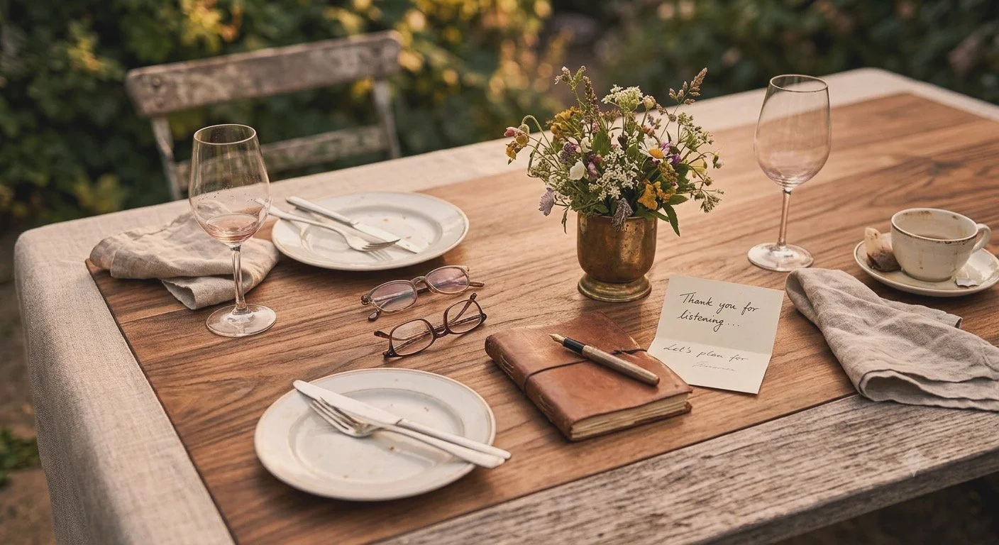 A rustic outdoor dining table set with empty plates, glasses, a cup, cloth napkins, a pair of eyeglasses, a notebook with a pen, a small bouquet of flowers in a brass vase, and a handwritten note that says 'Thank you for listening... Let's plan for'.