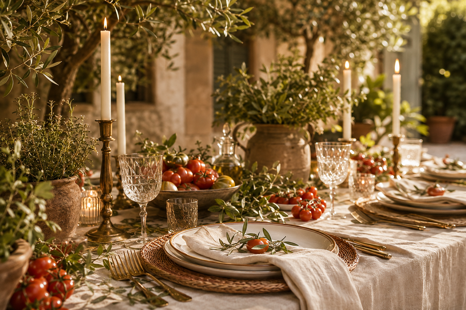 An outdoor dining table decorated with candles, glassware, plates, cutlery, and fresh tomatoes, set amidst greenery and a building with a stone wall in warm lighting.