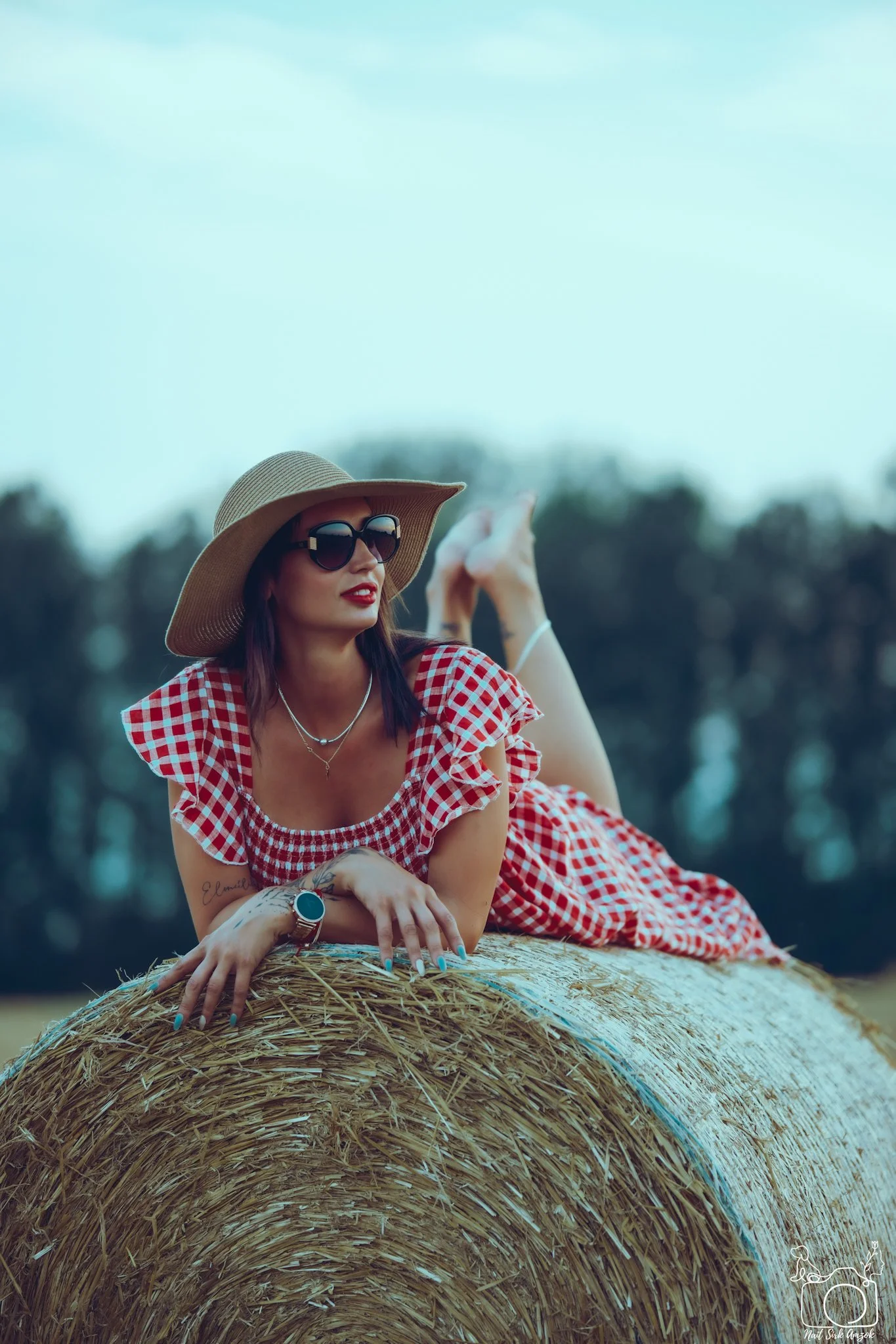 A woman wearing a large straw hat and sunglasses, lying on a hay bale outdoors with trees in the background, dressed in a red and white checkered dress.