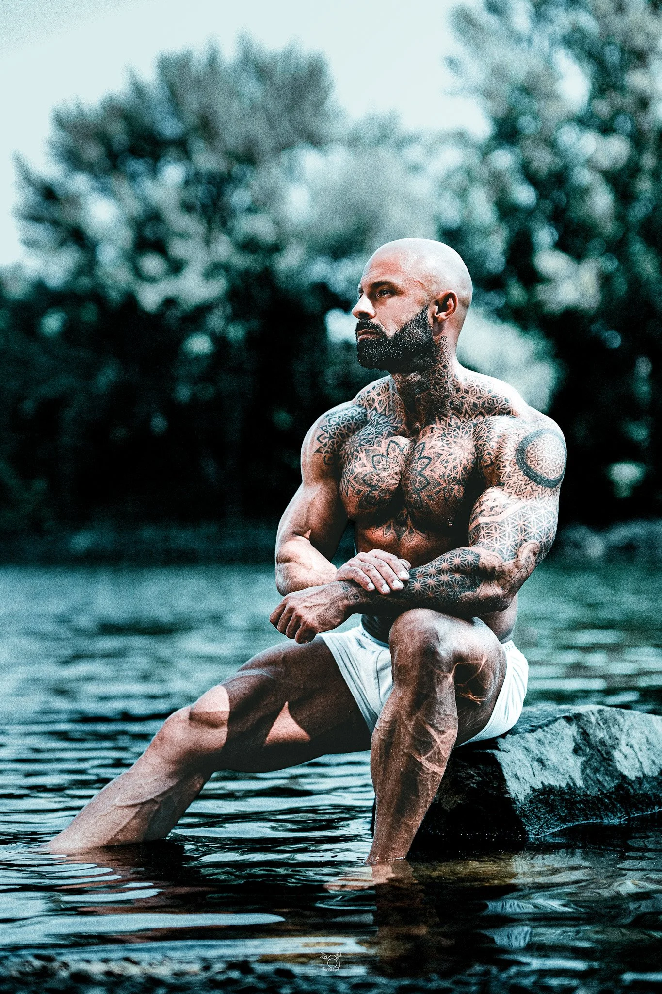A muscular man with extensive tattoos sitting on a rock in a body of water, with a background of trees and a cloudy sky.