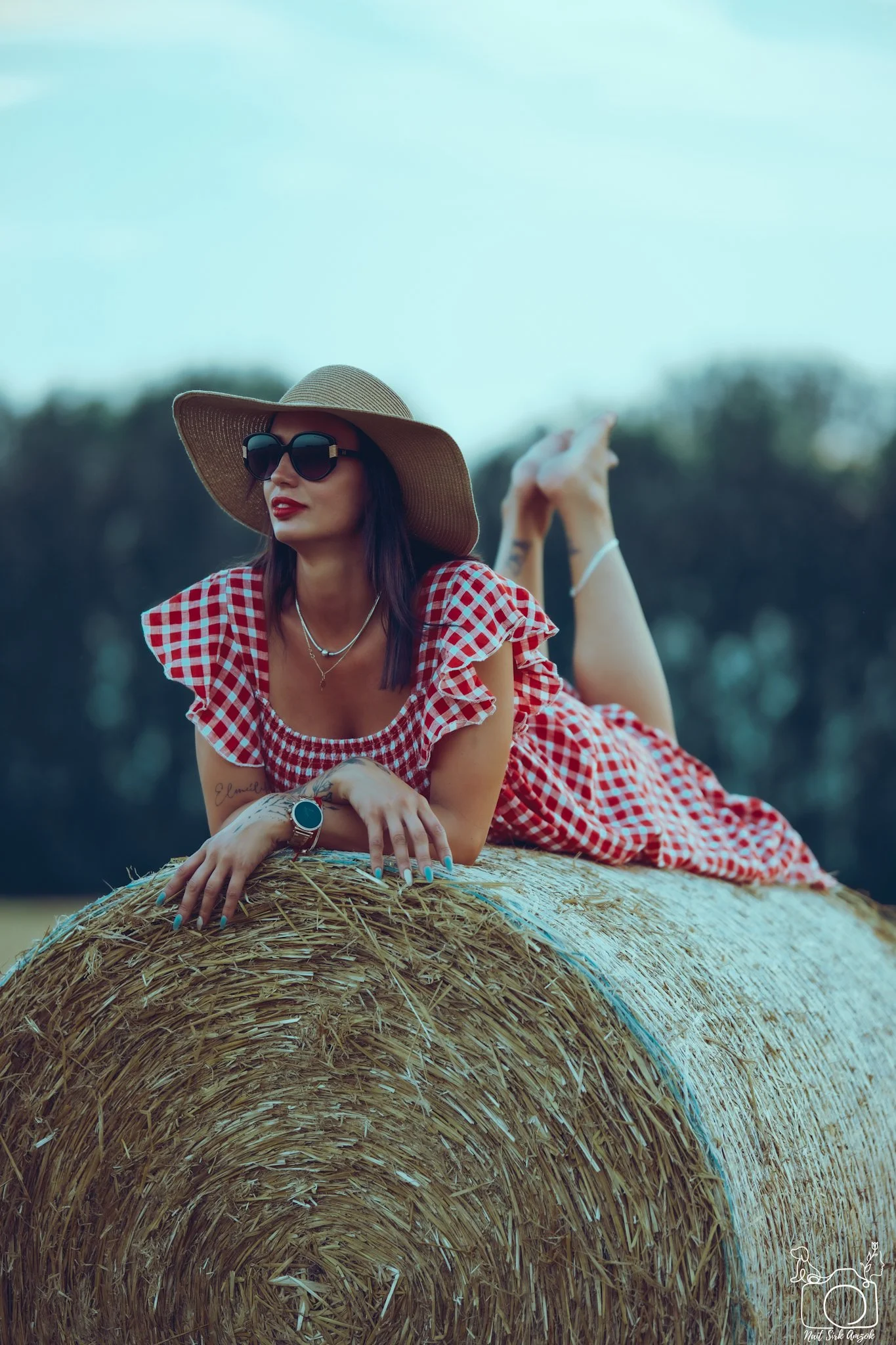 A woman wearing a red and white checkered dress, large black sunglasses, a wide-brimmed straw hat, and jewelry, lying on her stomach on top of a hay bale outdoors during daytime.