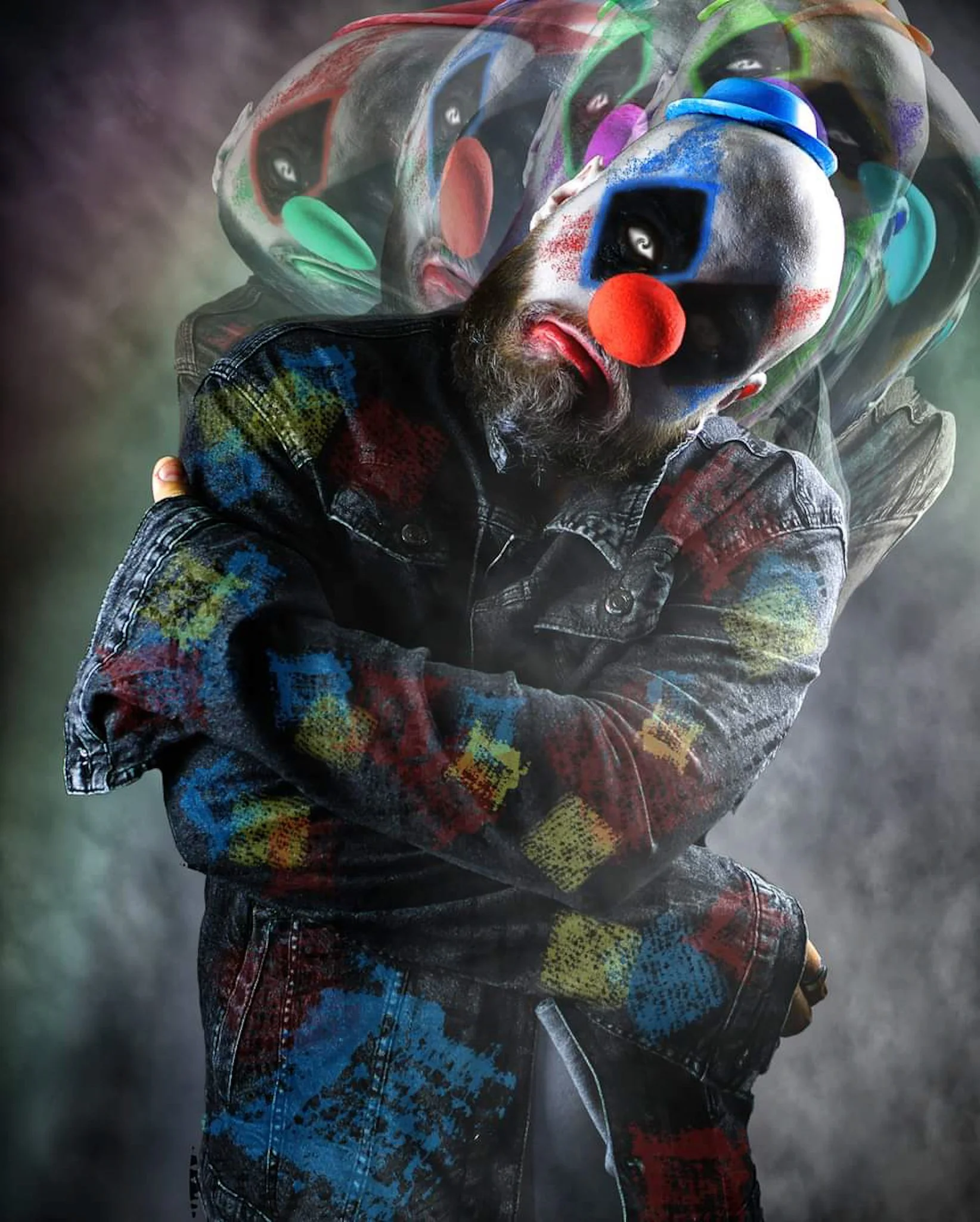 Multiple overlapping images of a man with a beard dressed as a clown, wearing colorful makeup, with a large red clown nose, colorful costume with splashes of paint, and intense expressions.