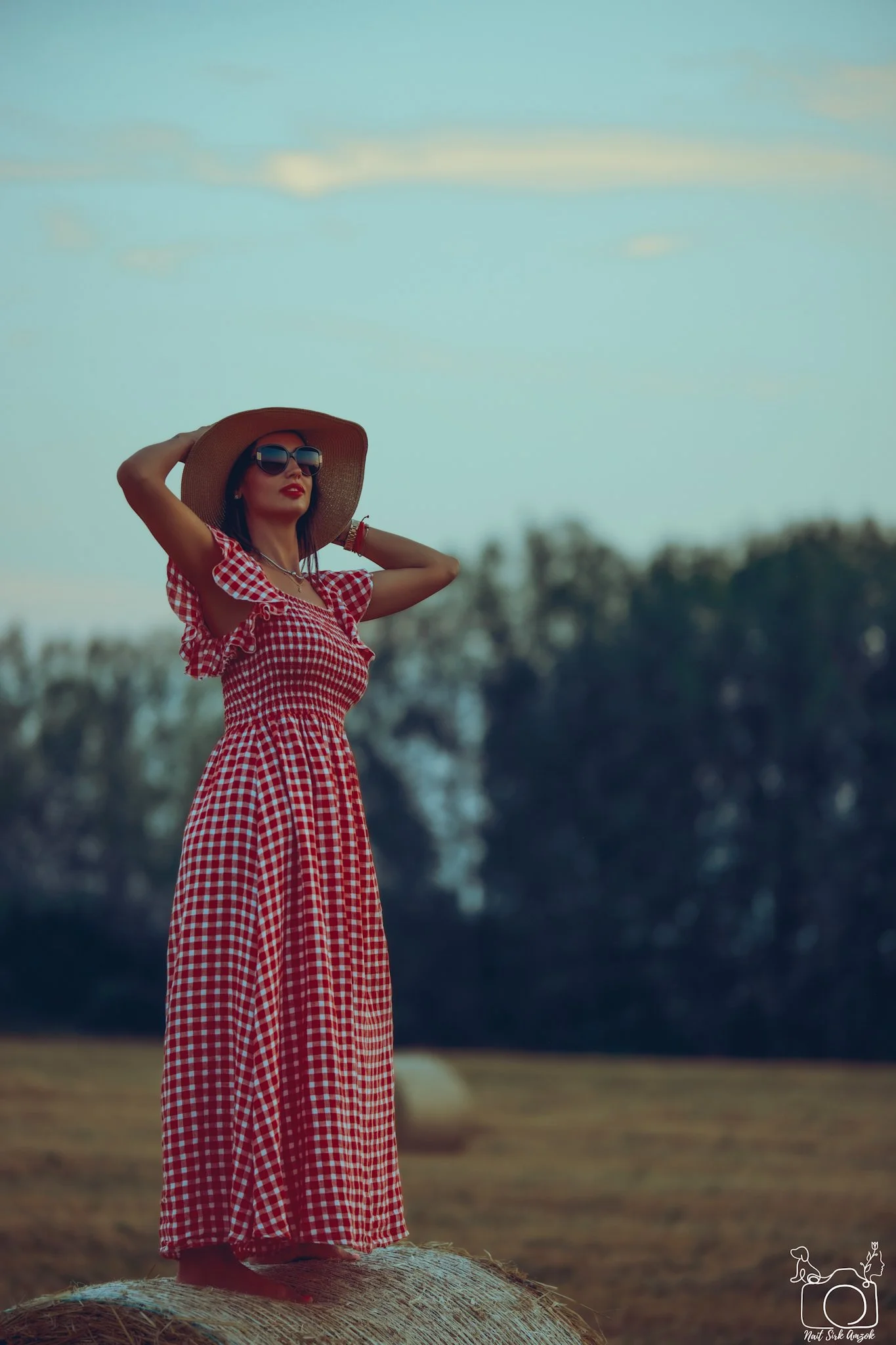 A woman wearing a red and white checkered dress, sunglasses, and a large sunhat standing on a large round hay bale outdoors under a blue sky with some clouds.