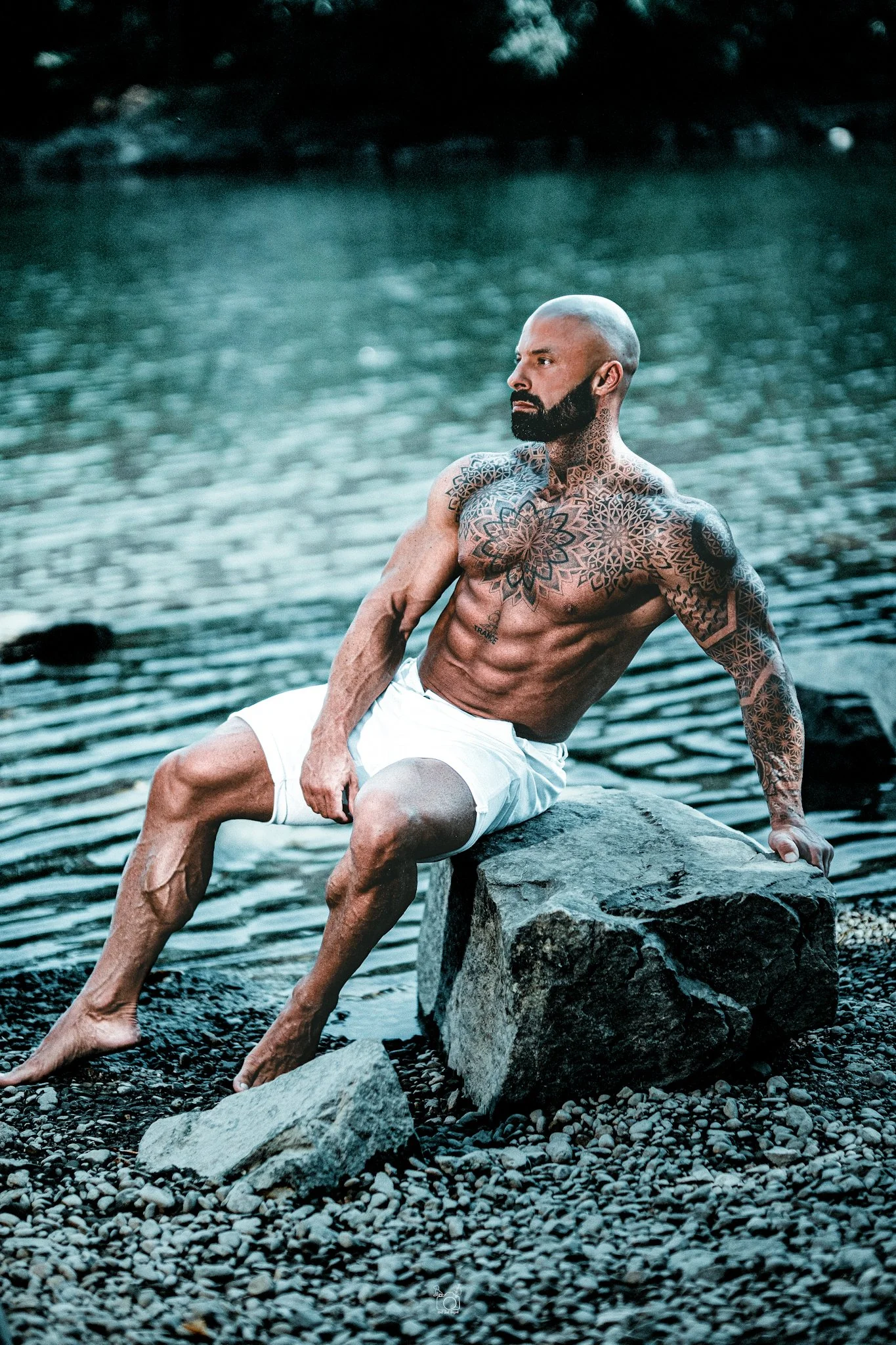 A shirtless man with tattoos on his upper body and a beard, sitting on a rock by the water, with a contemplative expression.