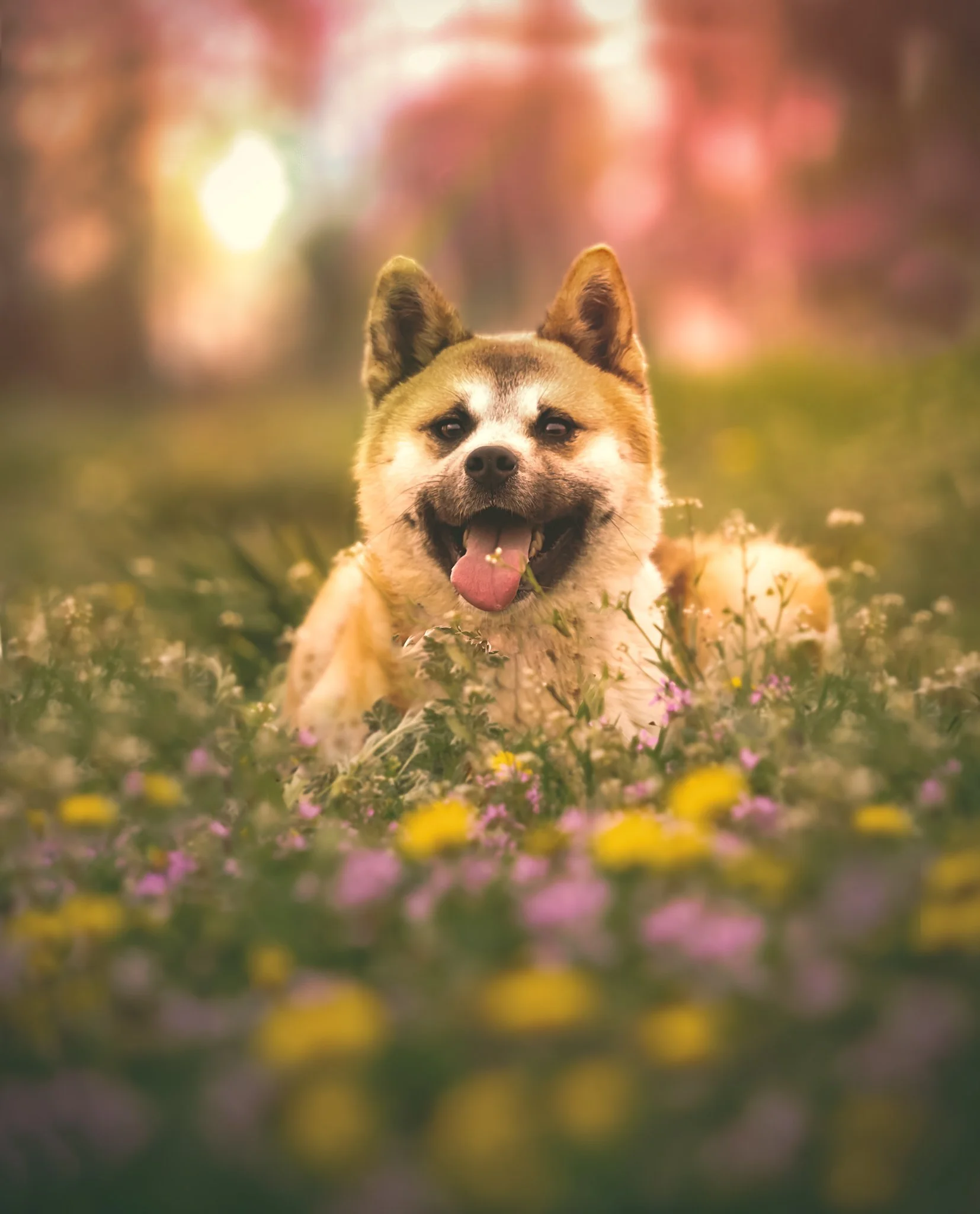 A happy dog lying in a field of flowers during sunset, with pink and purple skies in the background.