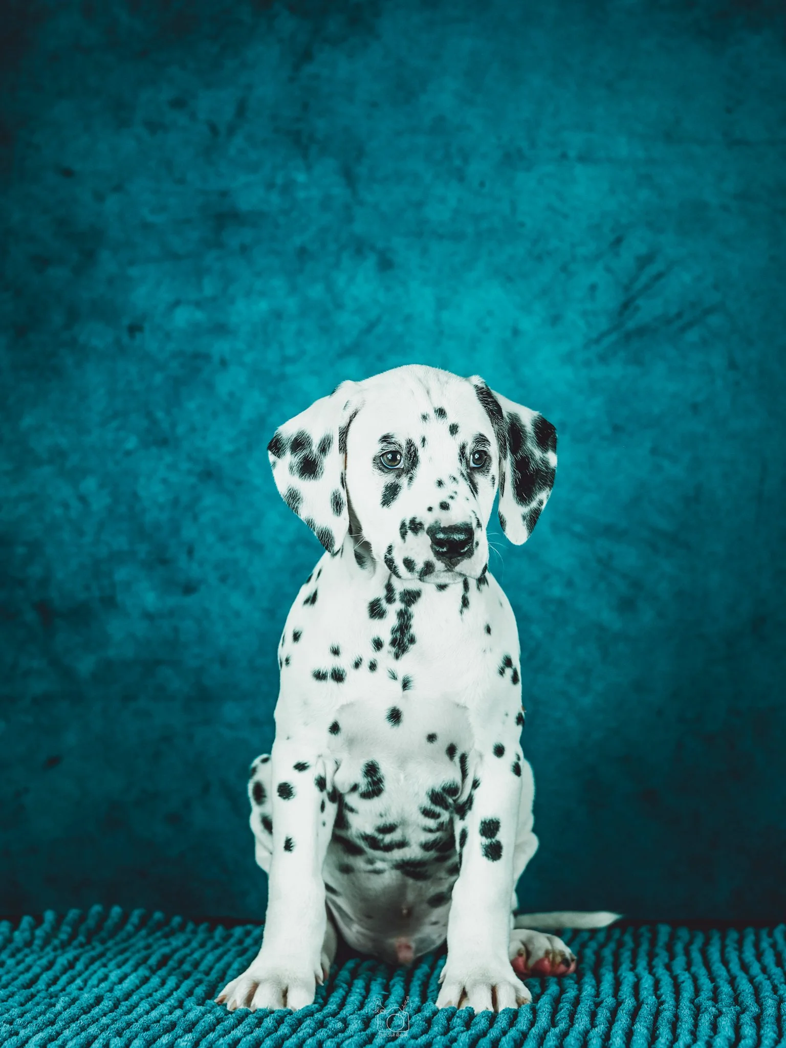 A Dalmatian puppy sitting on a textured blue rug with a white background.