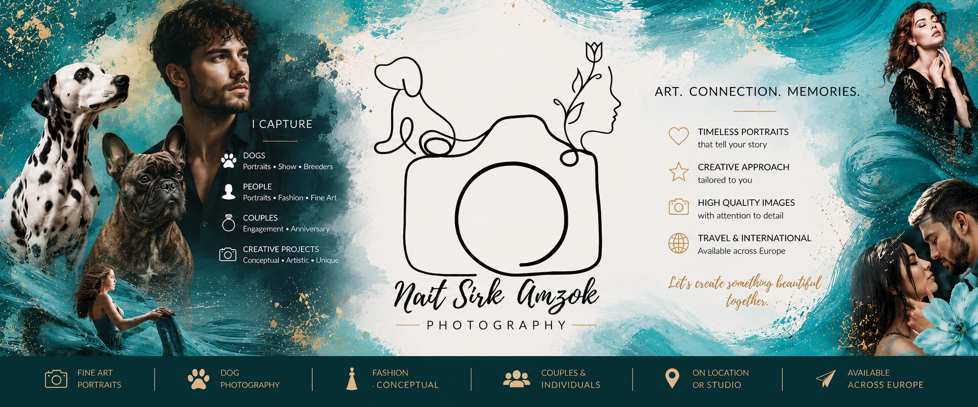A promotional banner for Nait Sirk Amzok Photography, featuring images of dogs, people, and creative artwork, with text highlighting photography services like portraits, fine art, and travel across Europe.