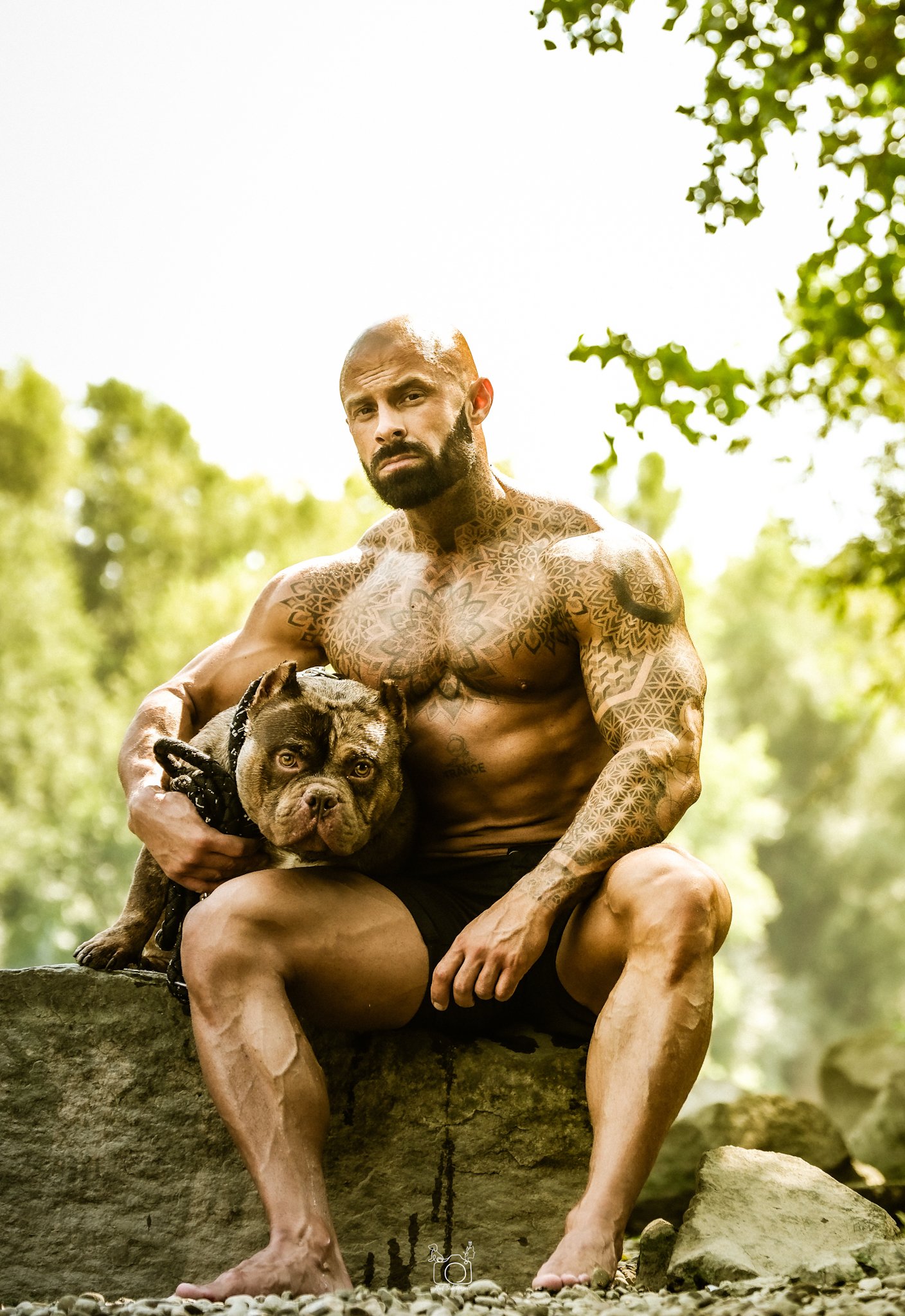A shirtless, tattooed man with a bald head and beard crouching outdoors on a rock, holding a large dog. The background shows green trees and bright sky.