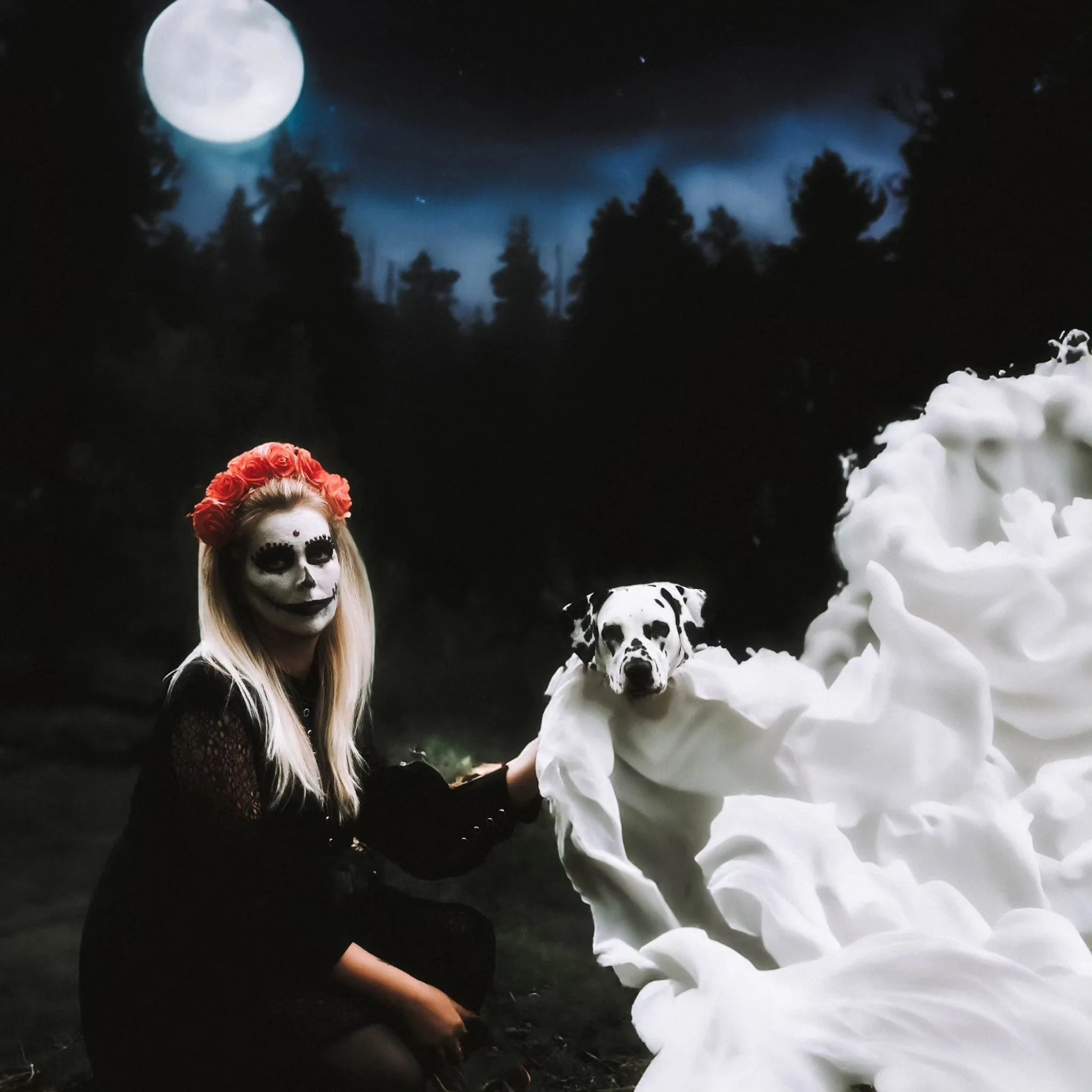 A woman with face painted in Day of the Dead style, wearing a red flower crown, dressed in black, standing outdoors at night with snow and trees behind her, moon and stars visible in the sky, and several Dalmatian dogs nearby.