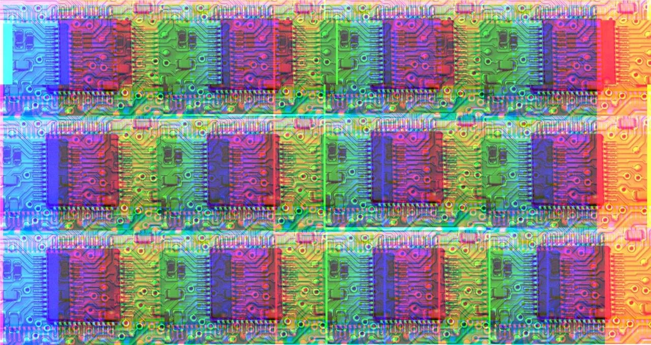 A repeating pattern of a photograph of a silicon chip, recoloured so that it is multi-coloured, in the style of pop art.